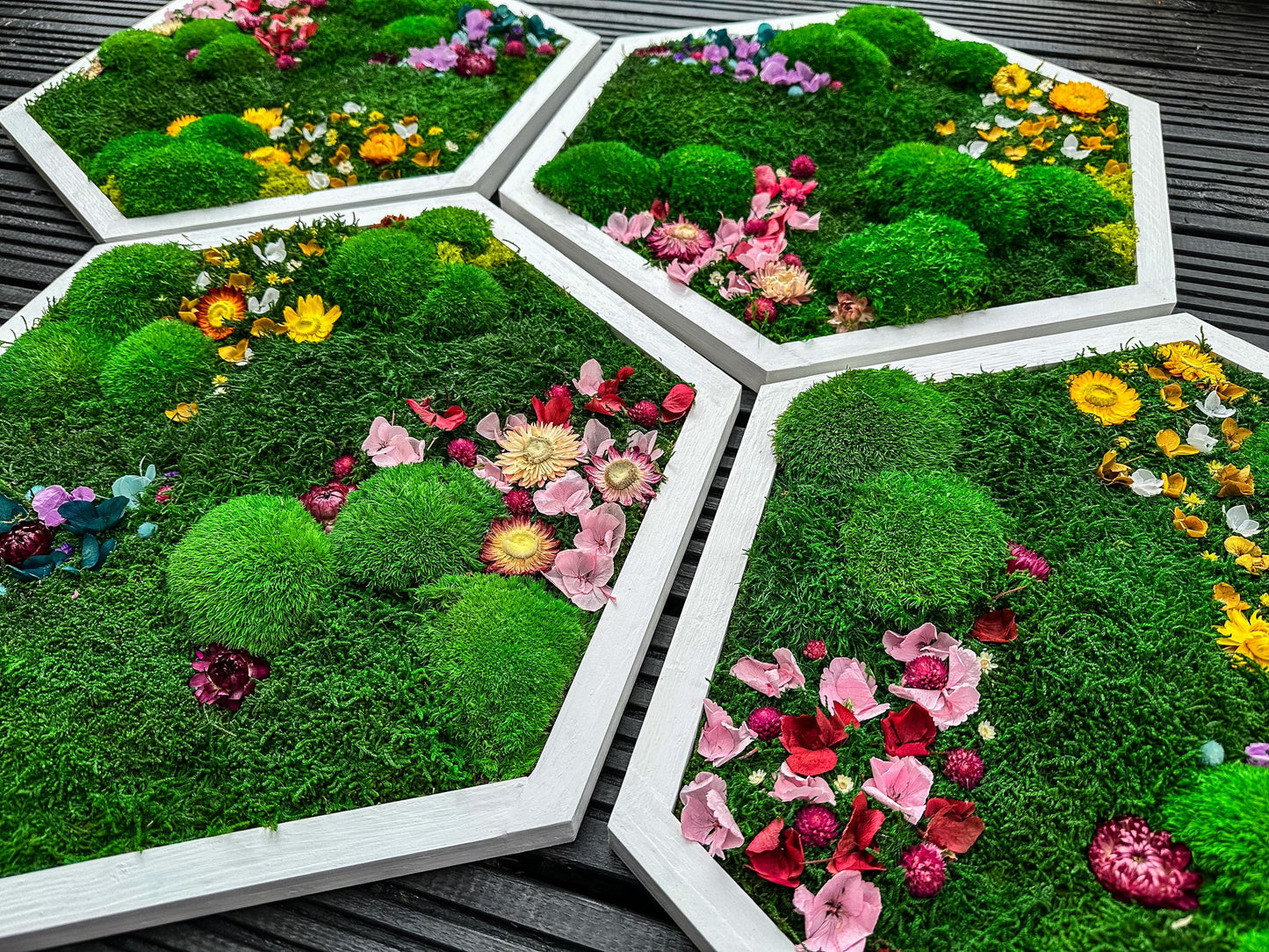 Hexagonal Moss Wall Art Set – Handmade Moss Decor with flowers & Preserved Greenery Panels for Home & Office mossartbyrishstudio
