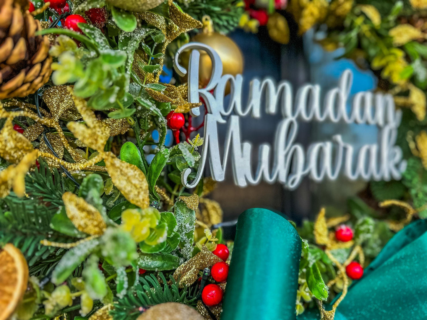 Luxury Christmas Wreath with Red Bow – Handmade Front Door Decoration – Pinecone & Bauble Holiday Wreath with “Merry Christmas” Sign mossartbyrishstudio