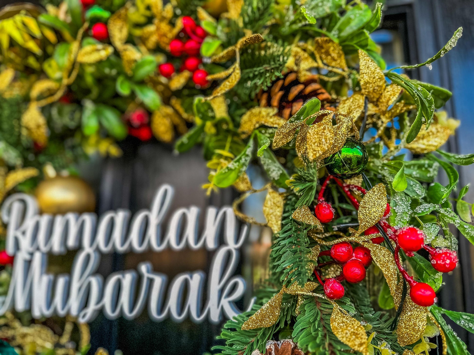 Luxury Christmas Wreath with Red Bow – Handmade Front Door Decoration – Pinecone & Bauble Holiday Wreath with “Merry Christmas” Sign mossartbyrishstudio