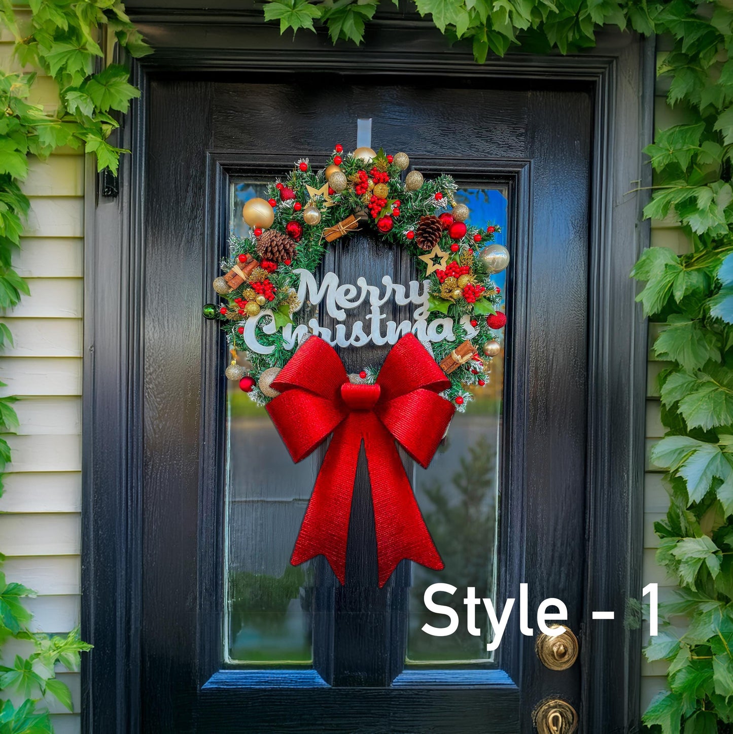 Luxury Christmas Wreath with Red Bow – Handmade Front Door Decoration – Pinecone & Bauble Holiday Wreath with “Merry Christmas” Sign mossartbyrishstudio