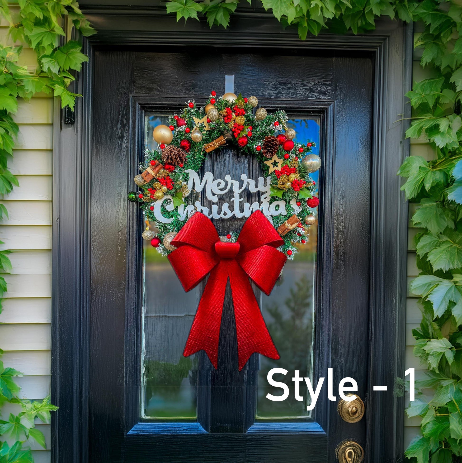Luxury Christmas Wreath with Red Bow – Handmade Front Door Decoration – Pinecone & Bauble Holiday Wreath with “Merry Christmas” Sign mossartbyrishstudio