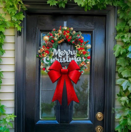 Luxury Christmas Wreath with Red Bow – Handmade Front Door Decoration – Pinecone & Bauble Holiday Wreath with “Merry Christmas” Sign mossartbyrishstudio