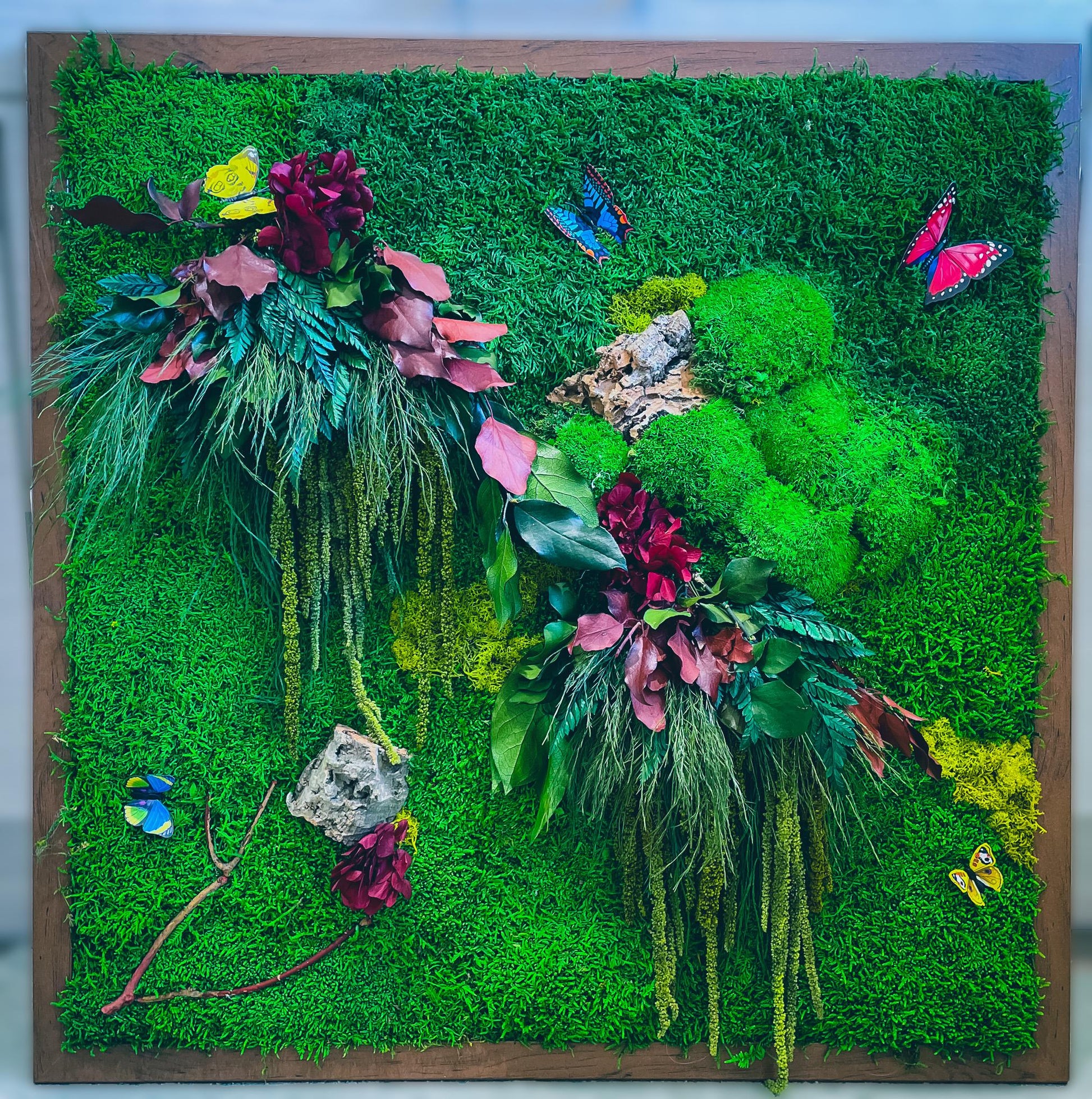 Custom Moss Wall Art – Lush Greenery with Butterfly Accents for Home Décor RishStudio