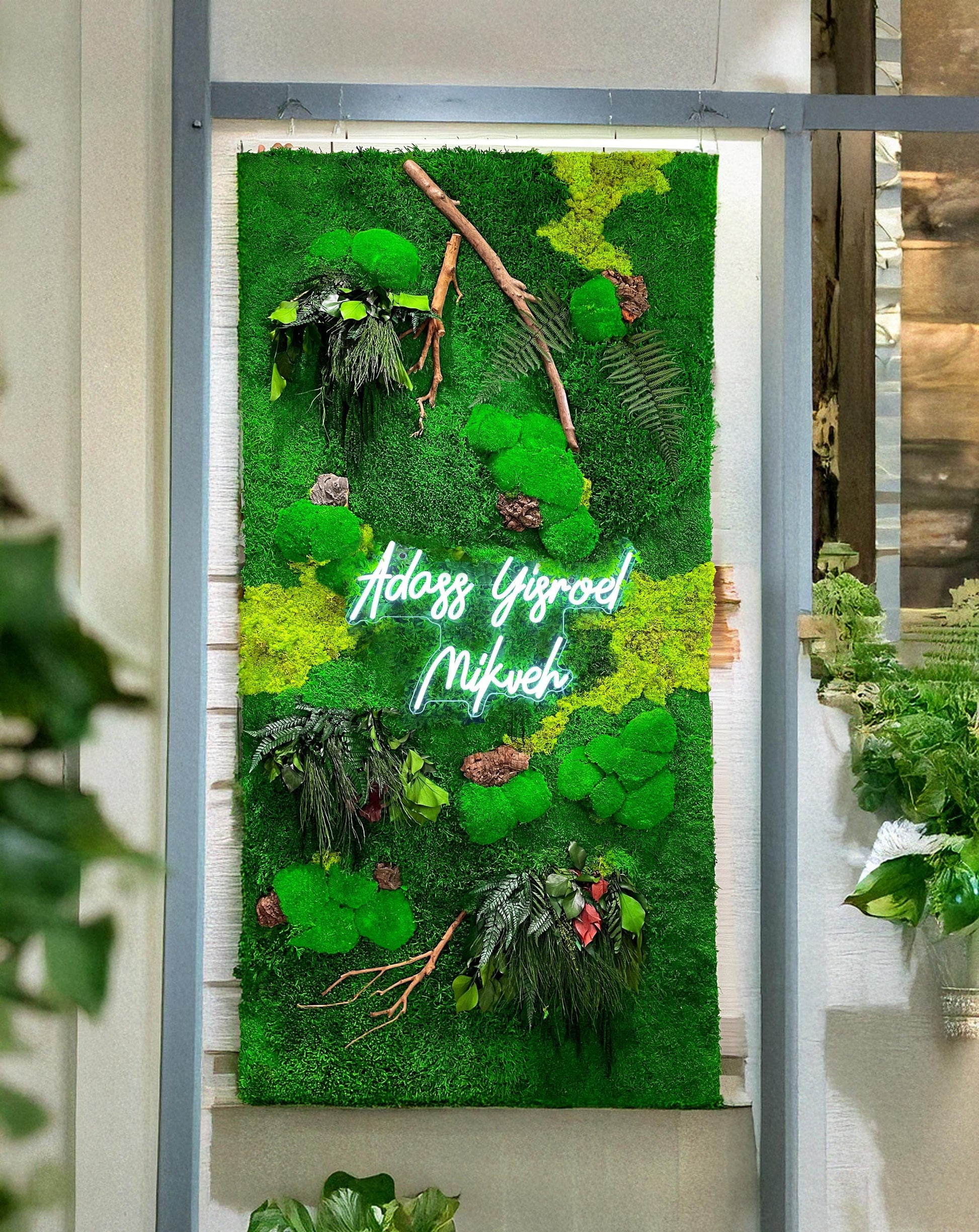 Moss wall art with Neon Lights | Living Moss Wall with Neon Sign mossartbyrishstudio