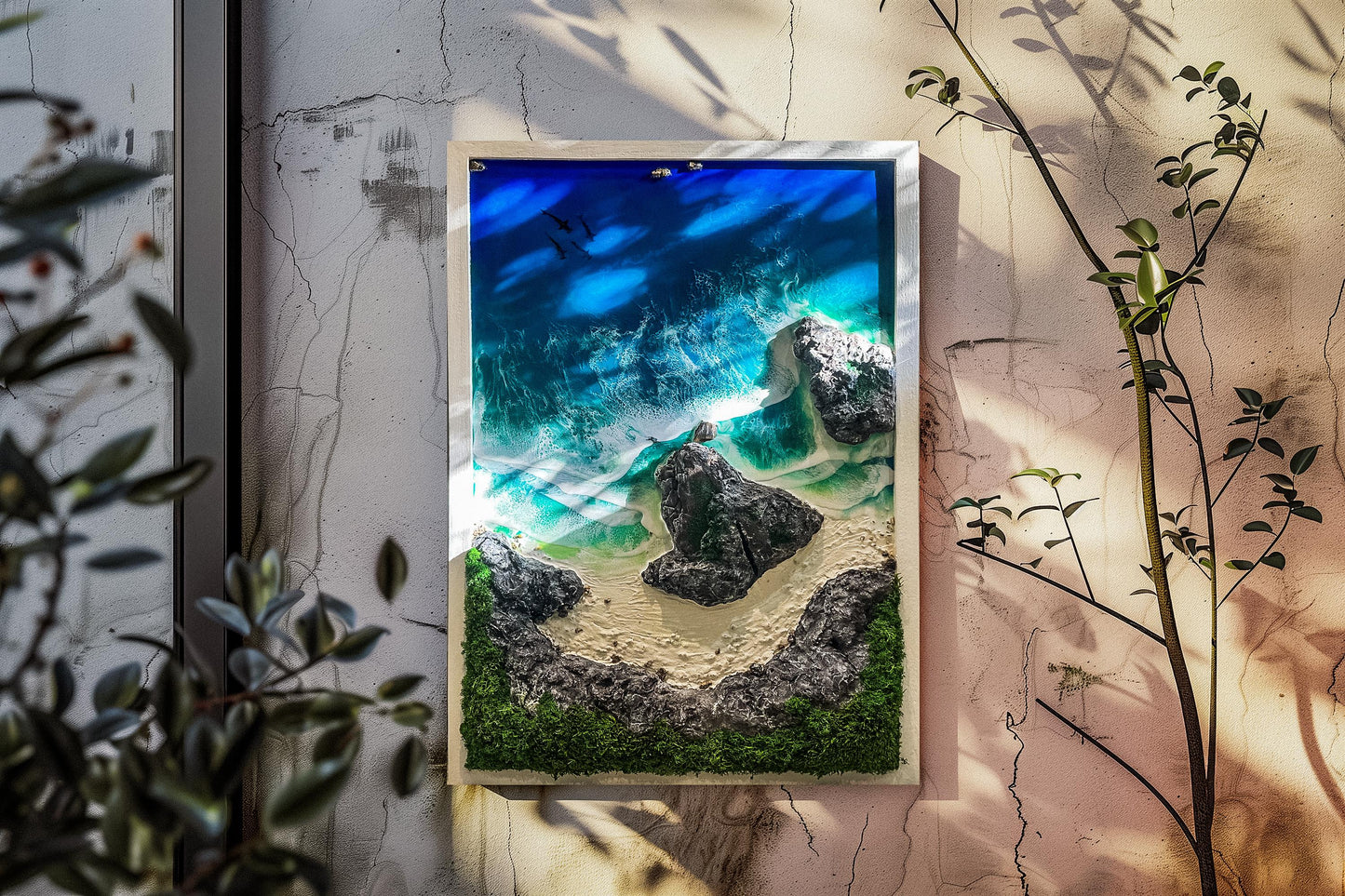 Handmade 3-Piece Ocean Resin Wall Art – Aerial View Coastal Escape Triptych | Kynance Cove mossartbyrishstudio