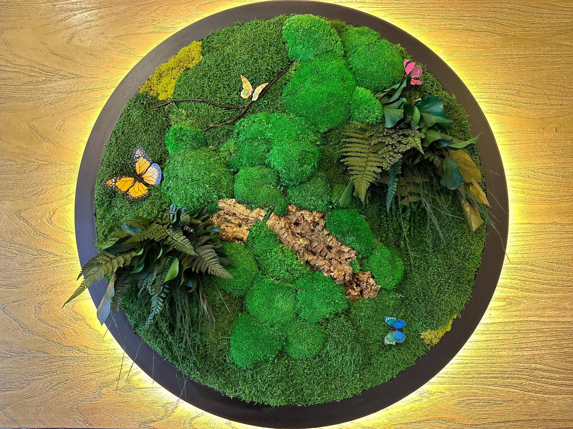 Indoor Moss Wall Art Framed | Circular Moss Wall Art with Neon Sign Light mossartbyrishstudio