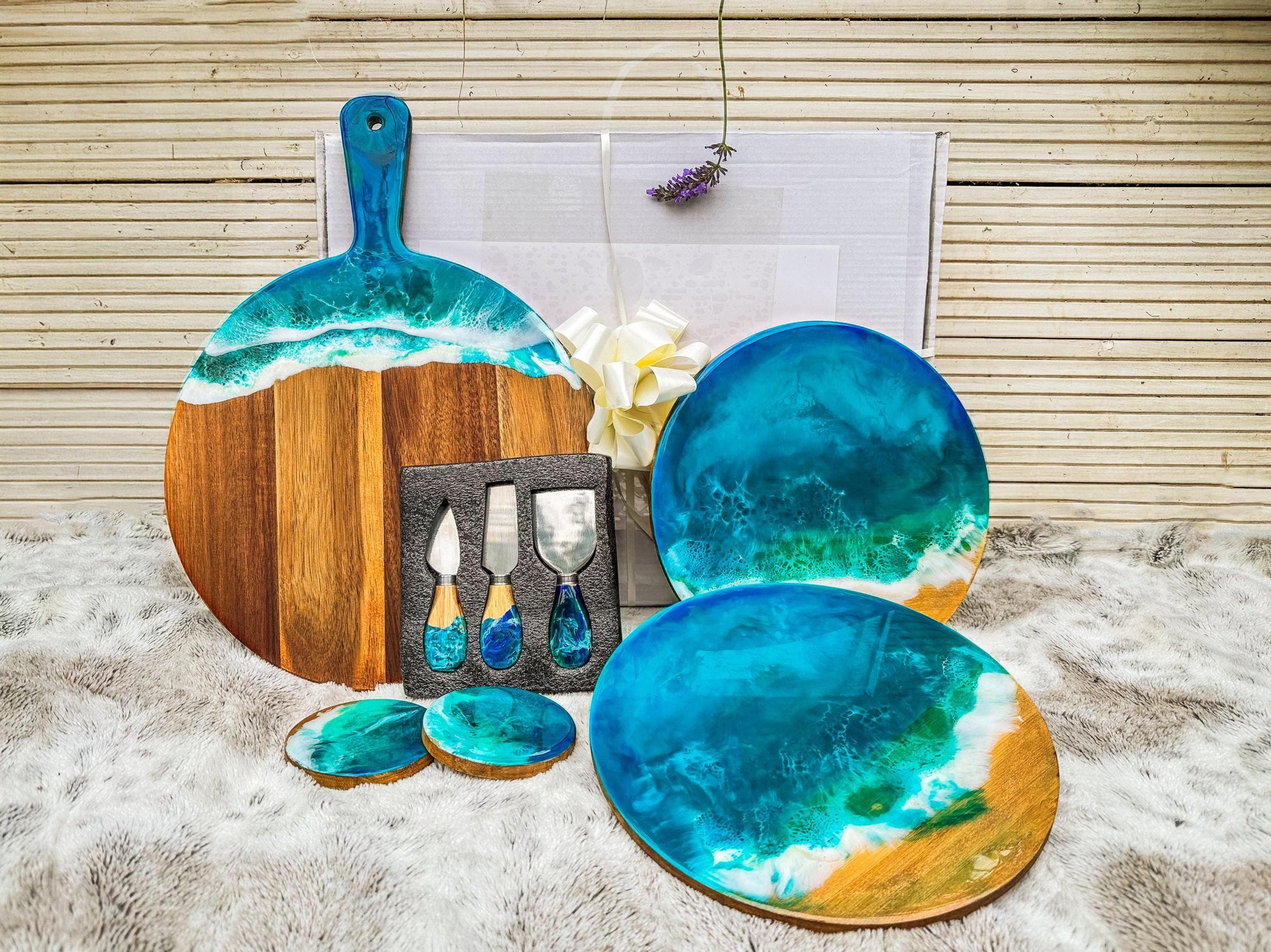 Ocean Resin Acacia Wood Charcuterie Cheese Board with 3 Piece Wooden Handle Cutting Set, Christmas Gift for Cheese Lovers mossartbyrishstudio