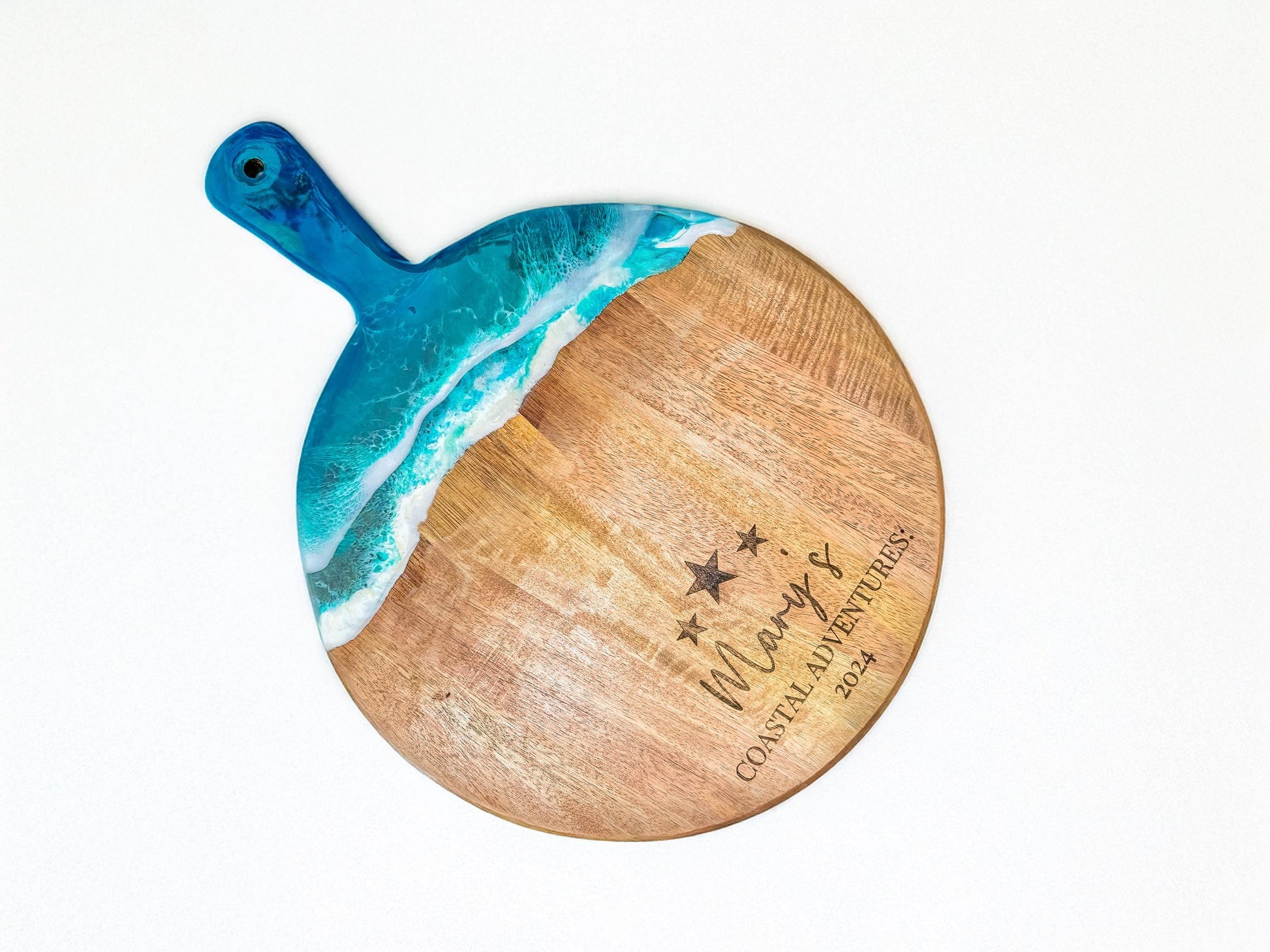 Ocean Resin Acacia Wood Charcuterie Cheese Board with 3 Piece Wooden Handle Cutting Set, Christmas Gift for Cheese Lovers mossartbyrishstudio