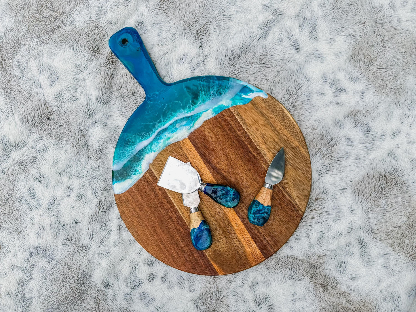 Ocean Resin Acacia Wood Charcuterie Cheese Board with 3 Piece Wooden Handle Cutting Set, Christmas Gift for Cheese Lovers mossartbyrishstudio