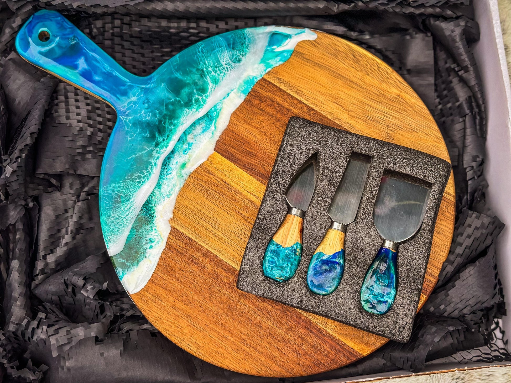 Ocean Resin Acacia Wood Charcuterie Cheese Board with 3 Piece Wooden Handle Cutting Set, Christmas Gift for Cheese Lovers mossartbyrishstudio