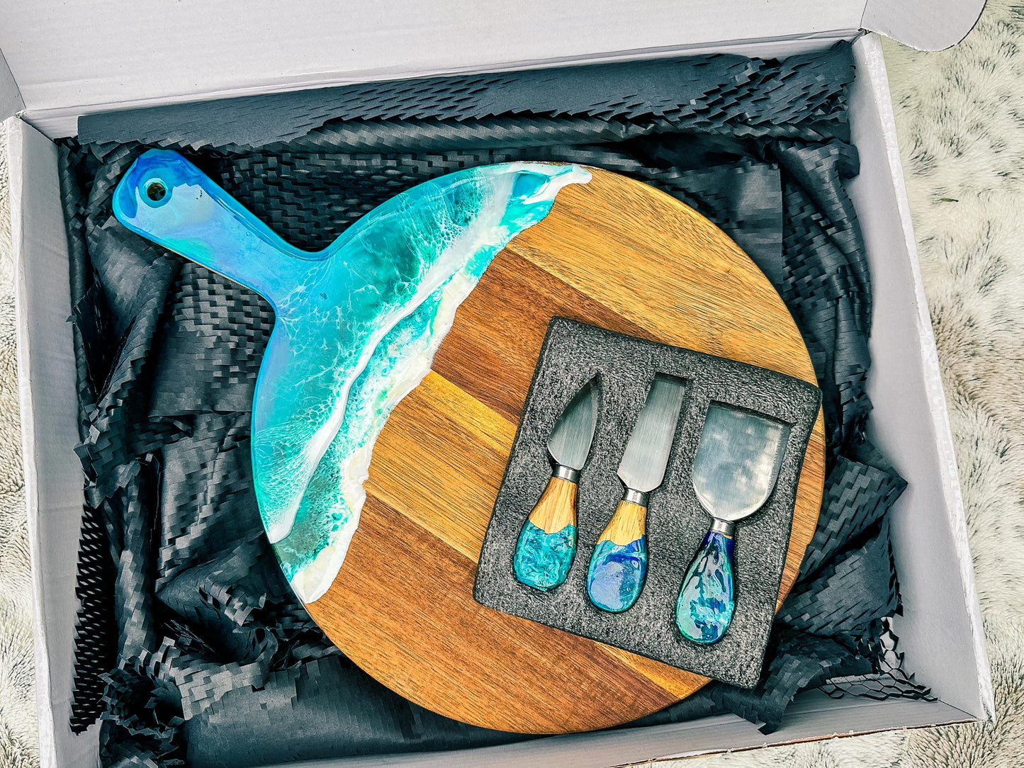 Ocean Resin Acacia Wood Charcuterie Cheese Board with 3 Piece Wooden Handle Cutting Set, Christmas Gift for Cheese Lovers mossartbyrishstudio