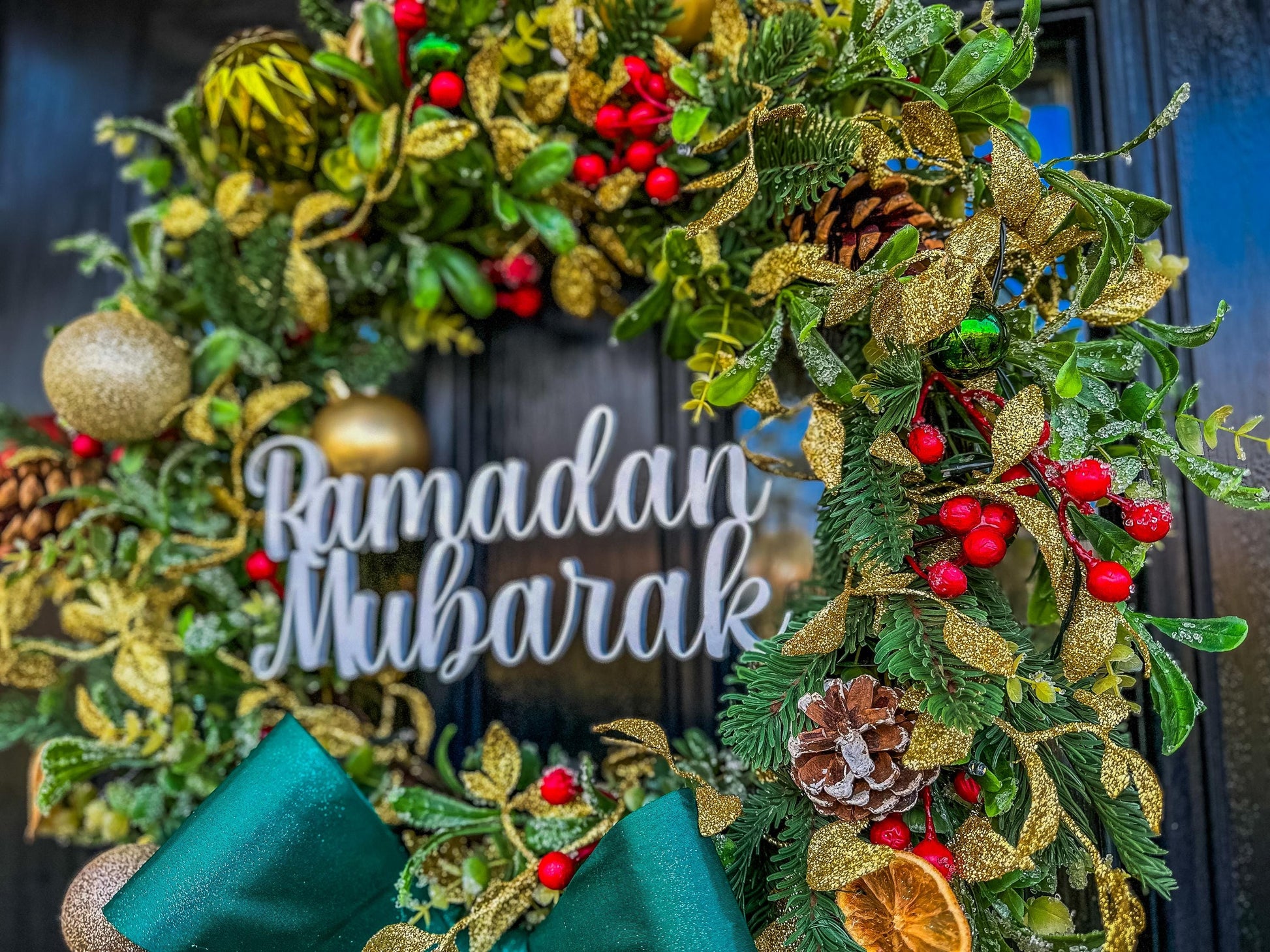 Luxury Christmas Wreath with Red Bow – Handmade Front Door Decoration – Pinecone & Bauble Holiday Wreath with “Merry Christmas” Sign mossartbyrishstudio