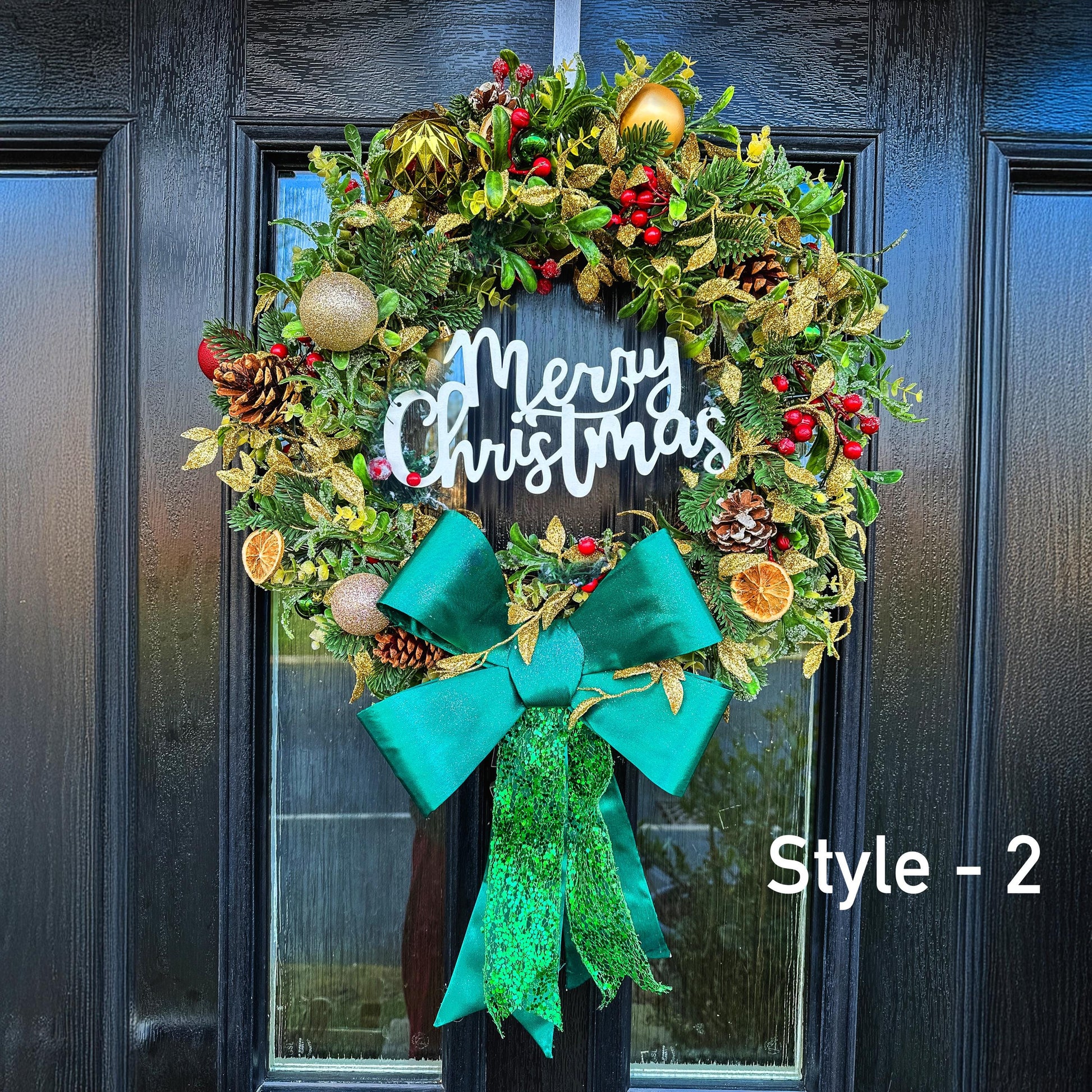 Luxury Christmas Wreath with Red Bow – Handmade Front Door Decoration – Pinecone & Bauble Holiday Wreath with “Merry Christmas” Sign mossartbyrishstudio