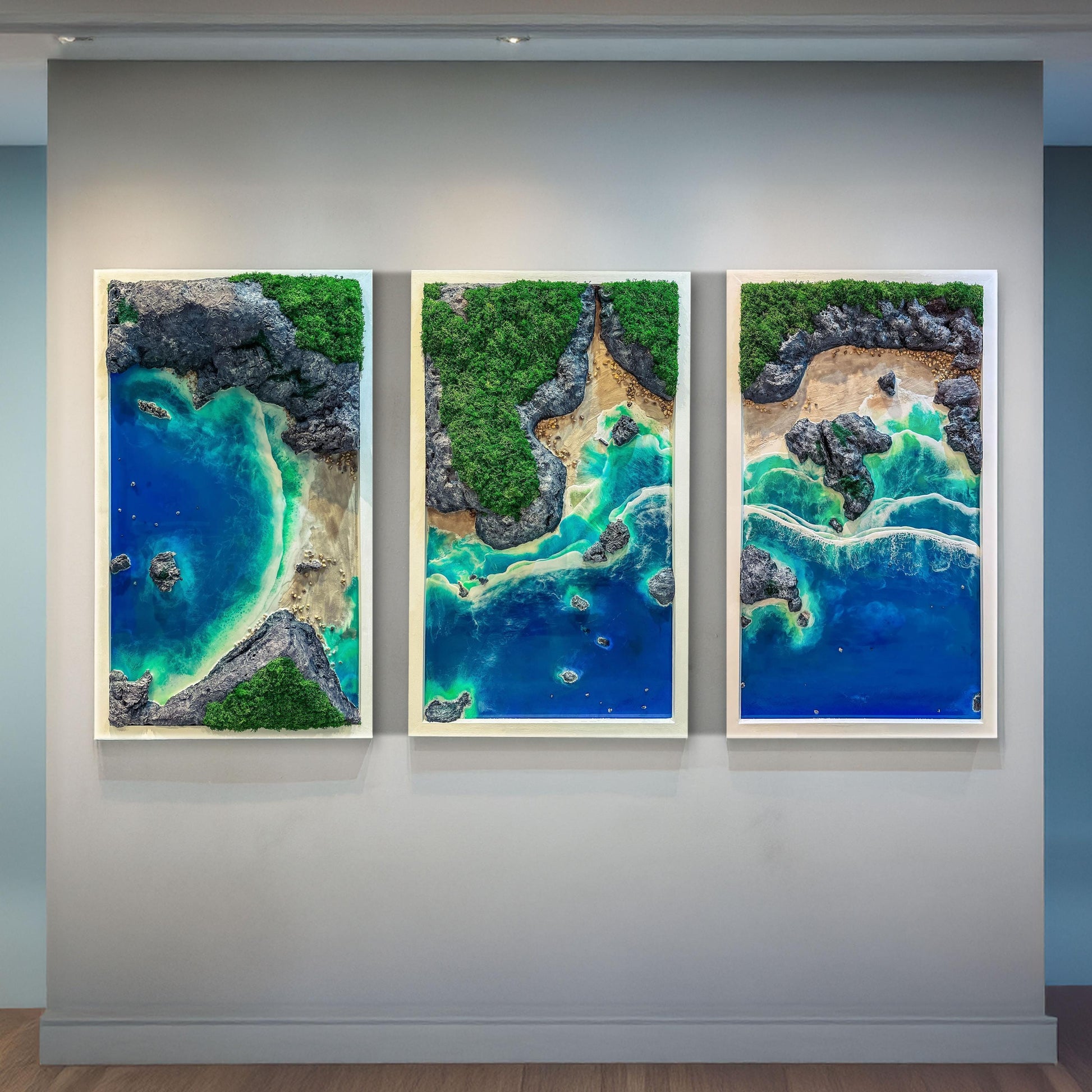Handmade 3-Piece Ocean Resin Wall Art – Aerial View Coastal Escape Triptych | Kynance Cove mossartbyrishstudio