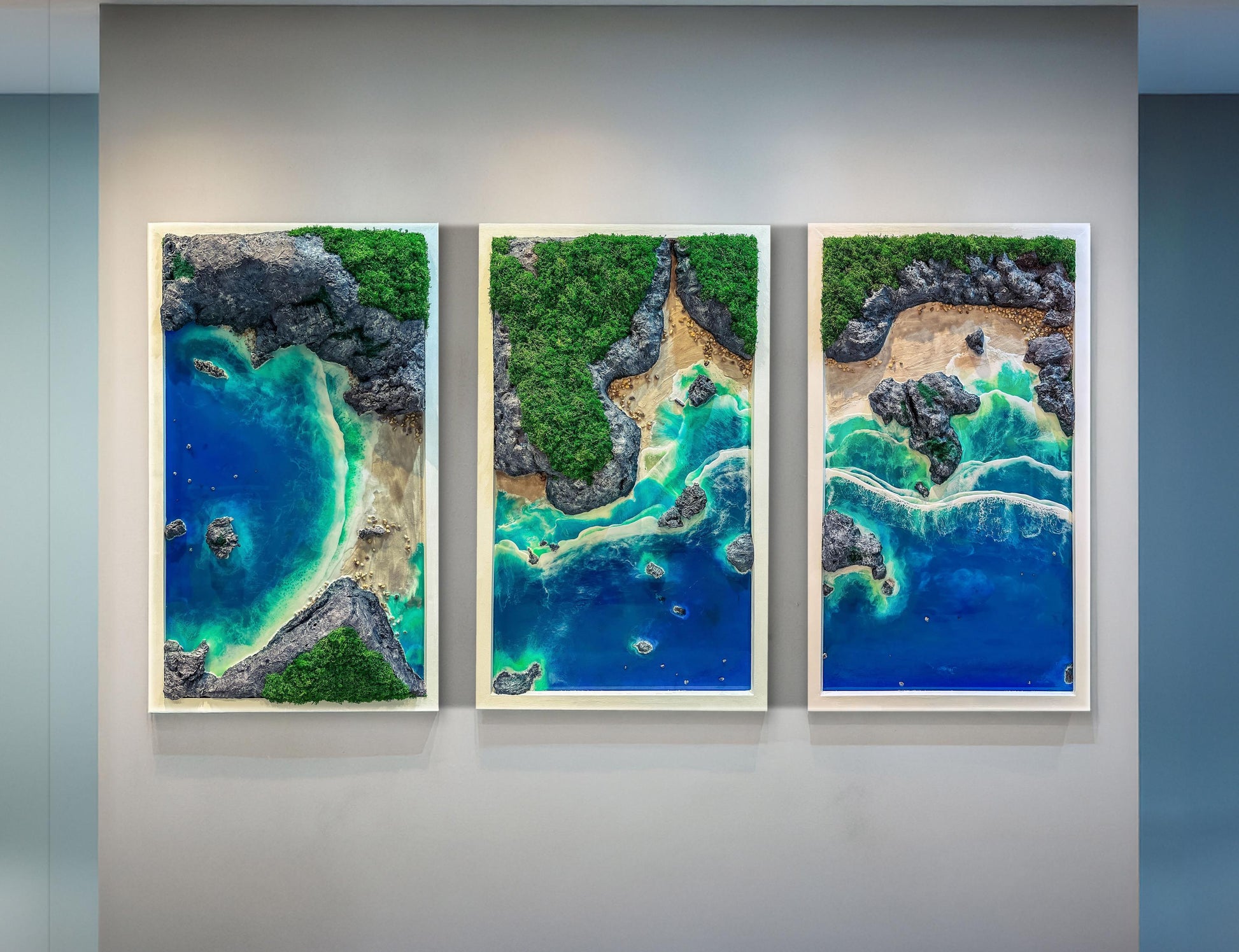 Handmade 3-Piece Ocean Resin Wall Art – Aerial View Coastal Escape Triptych | Kynance Cove mossartbyrishstudio