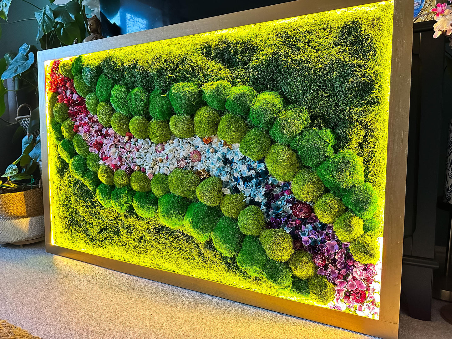 Preserved Moss Wall Art with LED Lights and Flowers: Wood Frame Colourful Natural Moss Painting, mossartbyrishstudio
