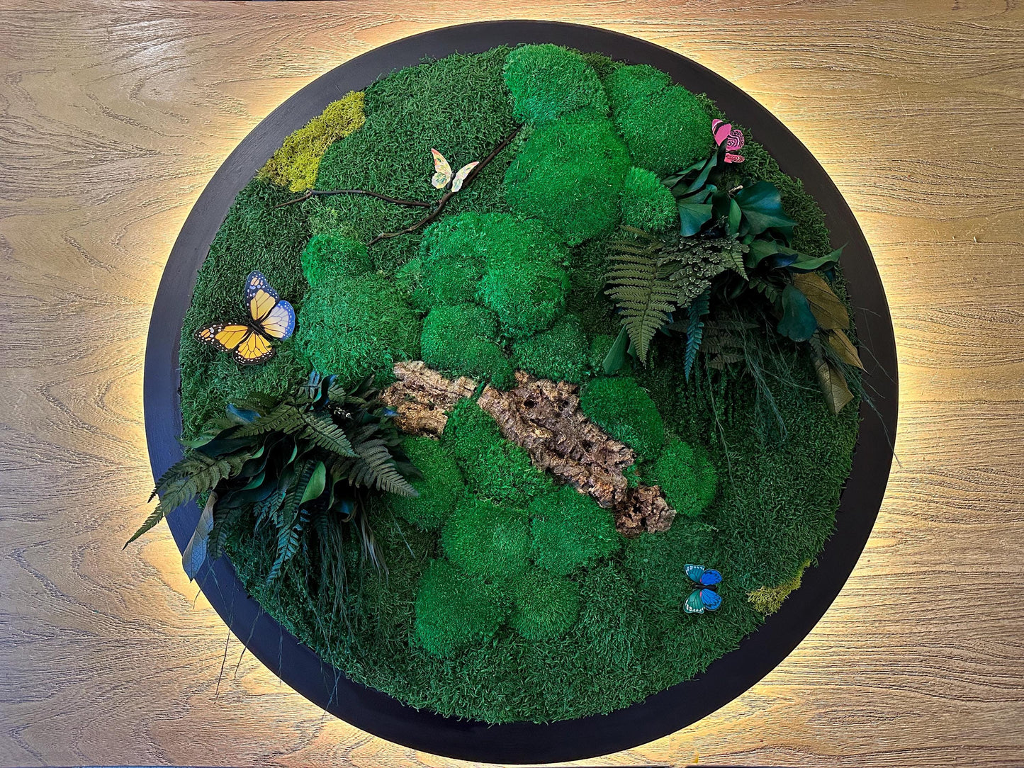 Indoor Moss Wall Art Framed | Circular Moss Wall Art with Neon Sign Light mossartbyrishstudio