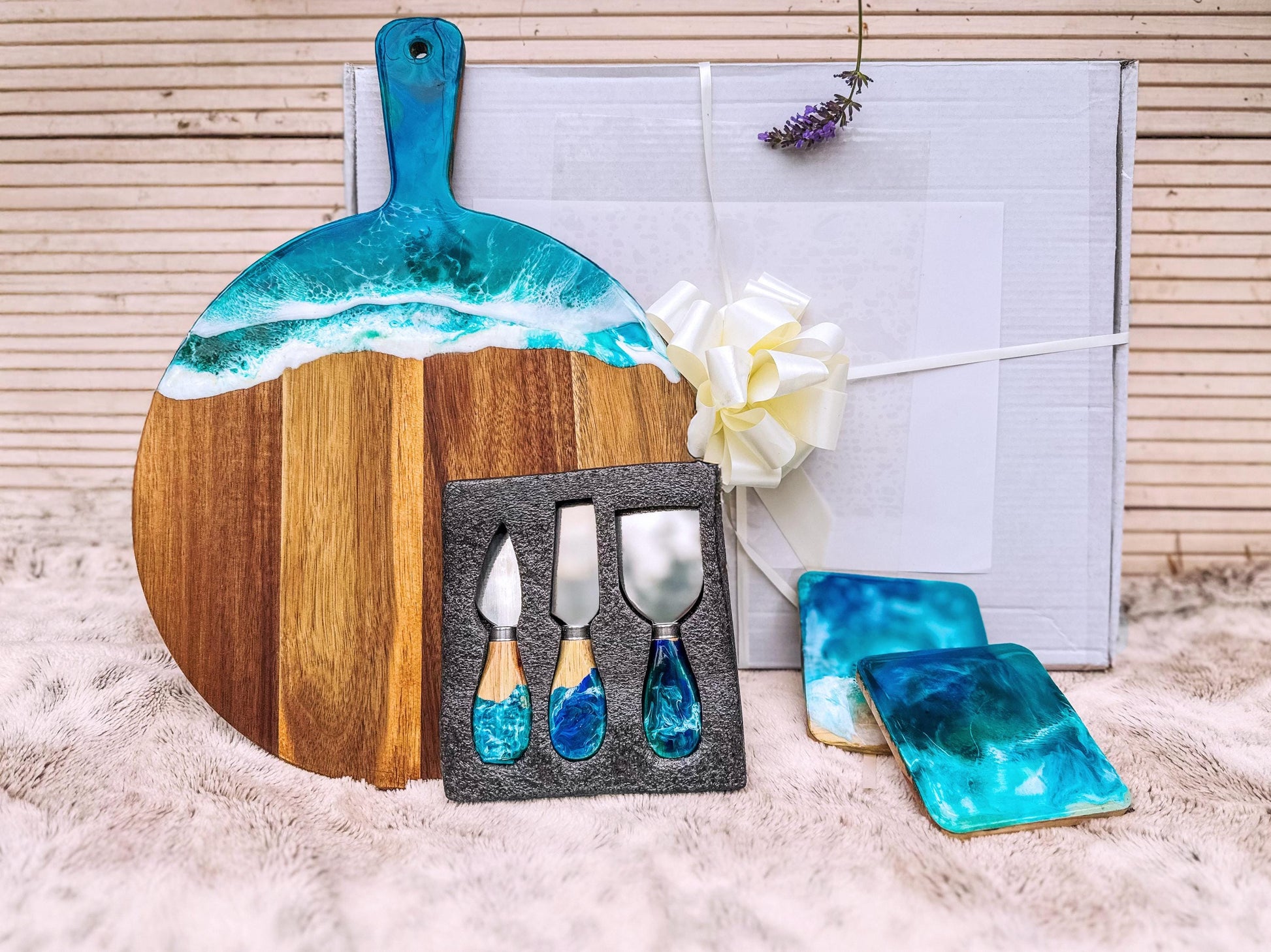 Ocean Resin Acacia Wood Charcuterie Cheese Board with 3 Piece Wooden Handle Cutting Set, Christmas Gift for Cheese Lovers mossartbyrishstudio