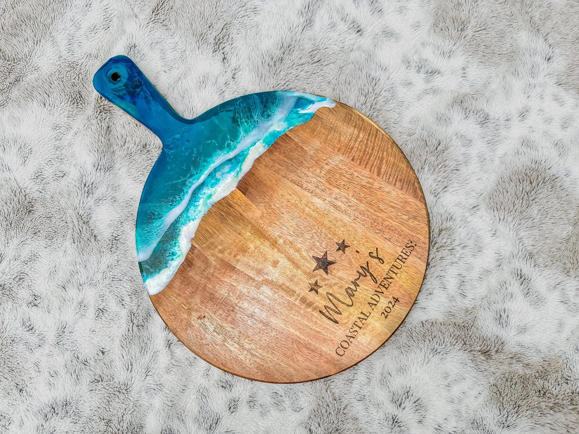 Ocean Resin Acacia Wood Charcuterie Cheese Board with 3 Piece Wooden Handle Cutting Set, Christmas Gift for Cheese Lovers mossartbyrishstudio