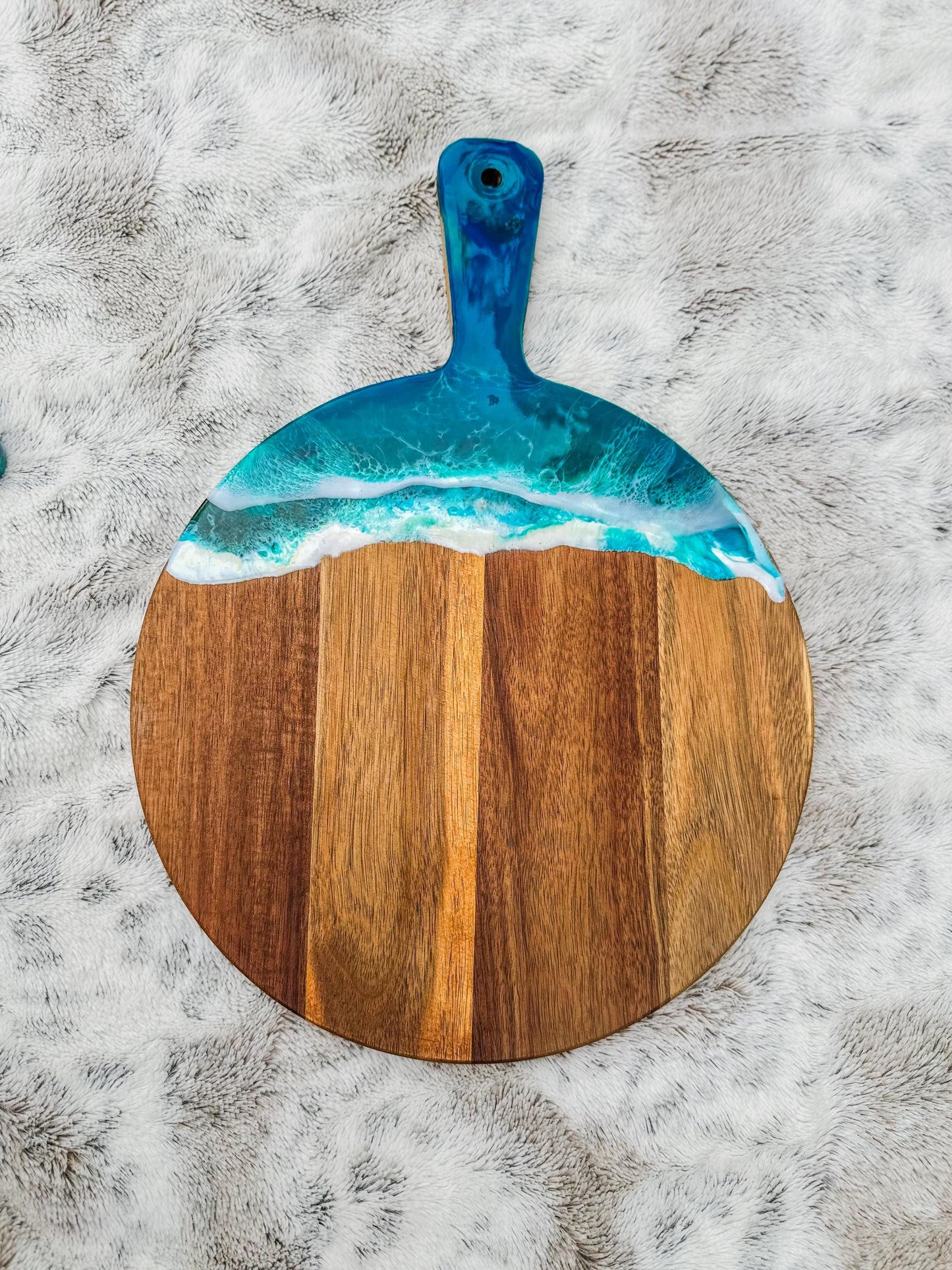 Ocean Resin Acacia Wood Charcuterie Cheese Board with 3 Piece Wooden Handle Cutting Set, Christmas Gift for Cheese Lovers mossartbyrishstudio