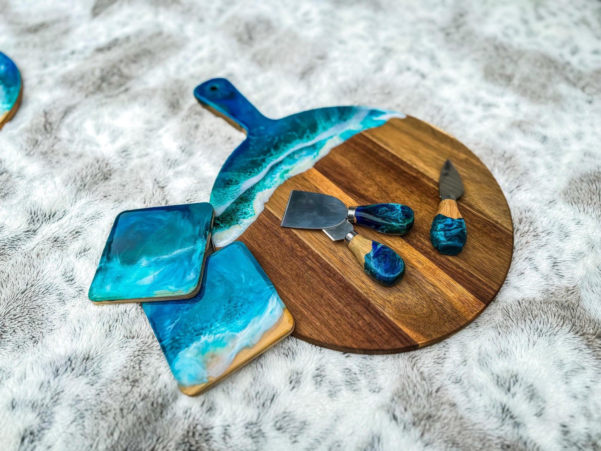 Ocean Resin Acacia Wood Charcuterie Cheese Board with 3 Piece Wooden Handle Cutting Set, Christmas Gift for Cheese Lovers mossartbyrishstudio