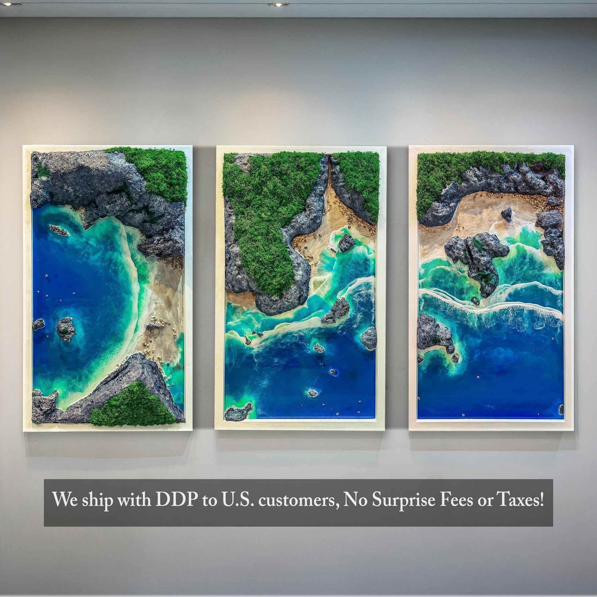 Handmade 3-Piece Ocean Resin Wall Art – Aerial View Coastal Escape Triptych | Kynance Cove mossartbyrishstudio