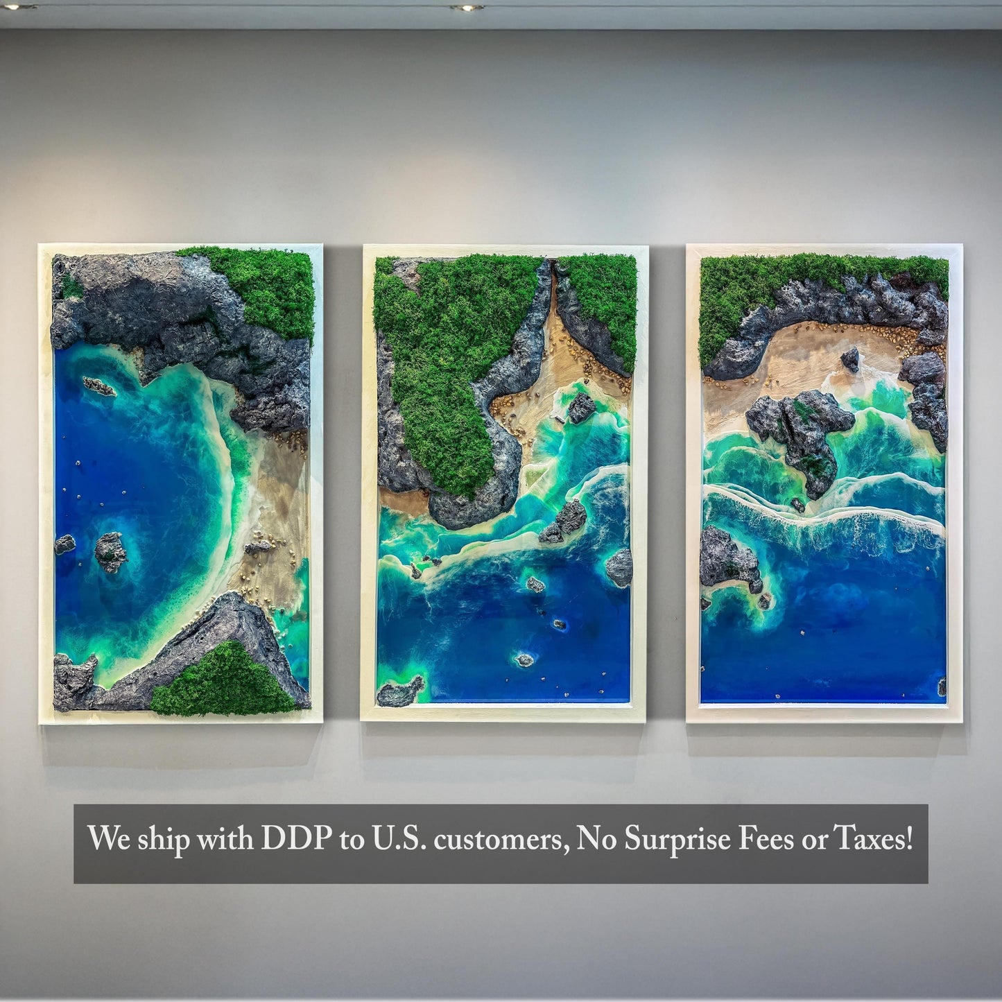 Handmade 3-Piece Ocean Resin Wall Art – Aerial View Coastal Escape Triptych | Kynance Cove mossartbyrishstudio