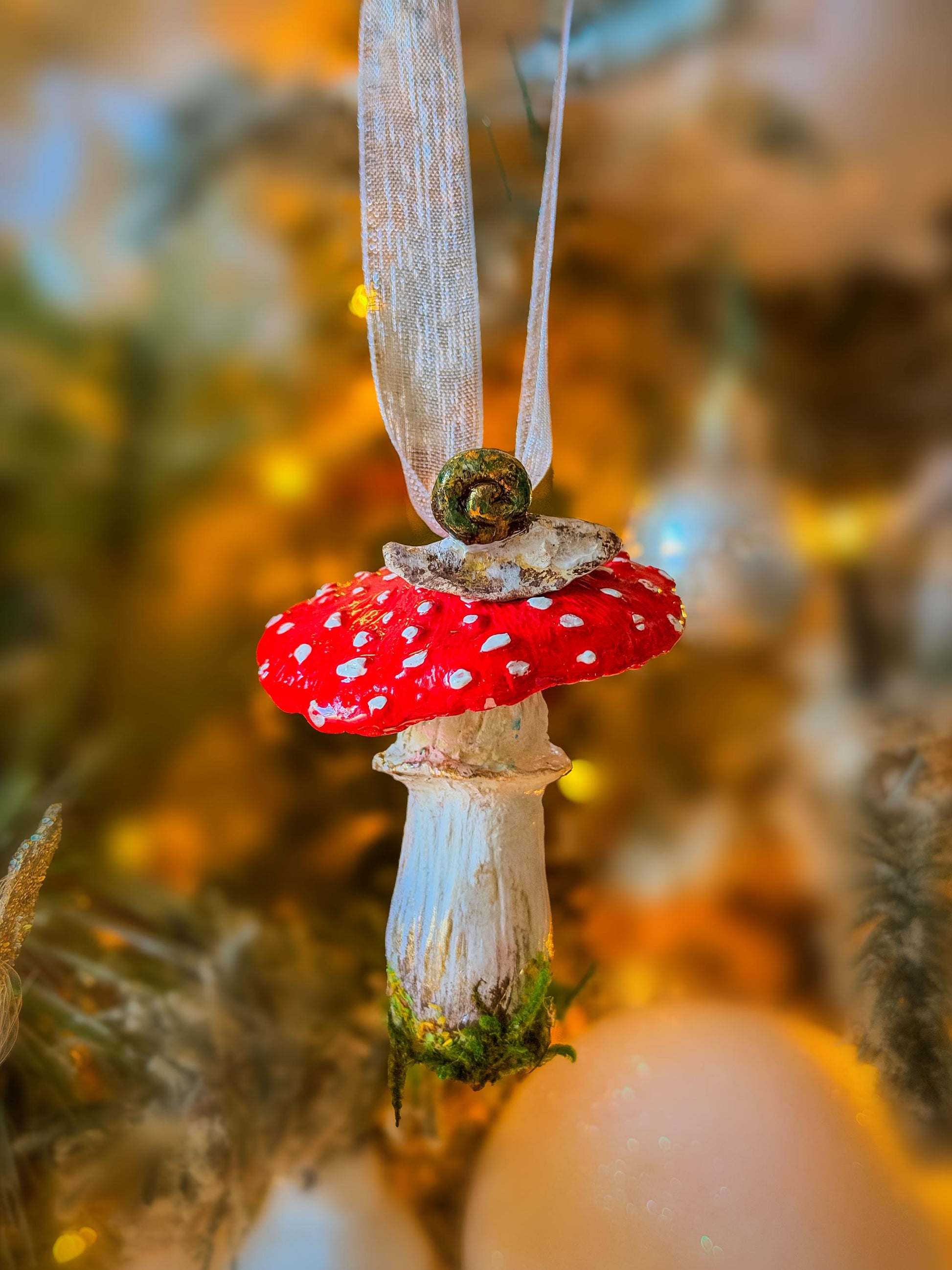 Handmade Mushroom Christmas Ornament: Red Toadstool Holiday Decoration, Woodland Fairy Tree Decor, Cottagecore Ornament with Moss mossartbyrishstudio