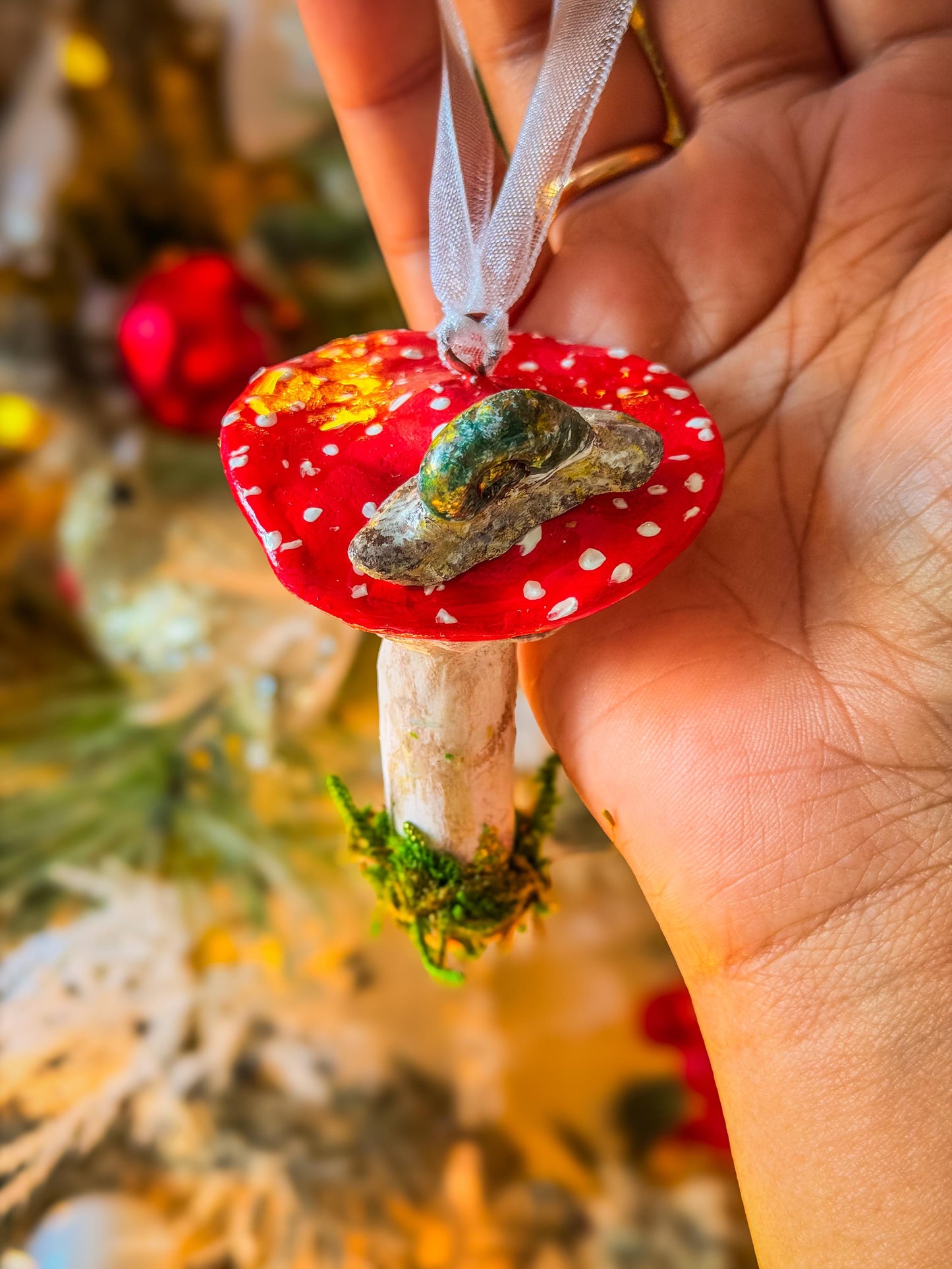 Handmade Mushroom Christmas Ornament: Red Toadstool Holiday Decoration, Woodland Fairy Tree Decor, Cottagecore Ornament with Moss mossartbyrishstudio