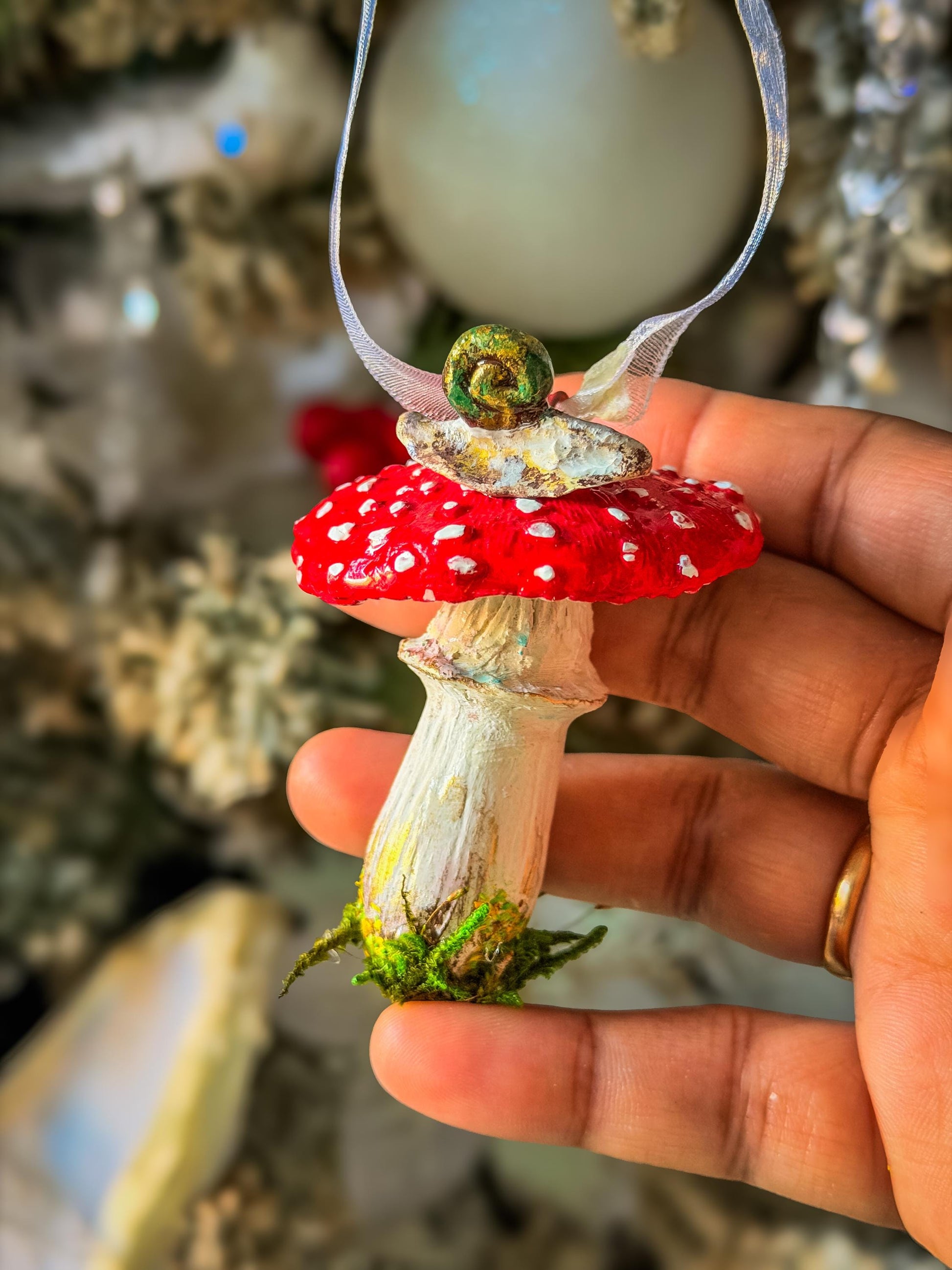 Handmade Mushroom Christmas Ornament: Red Toadstool Holiday Decoration, Woodland Fairy Tree Decor, Cottagecore Ornament with Moss mossartbyrishstudio