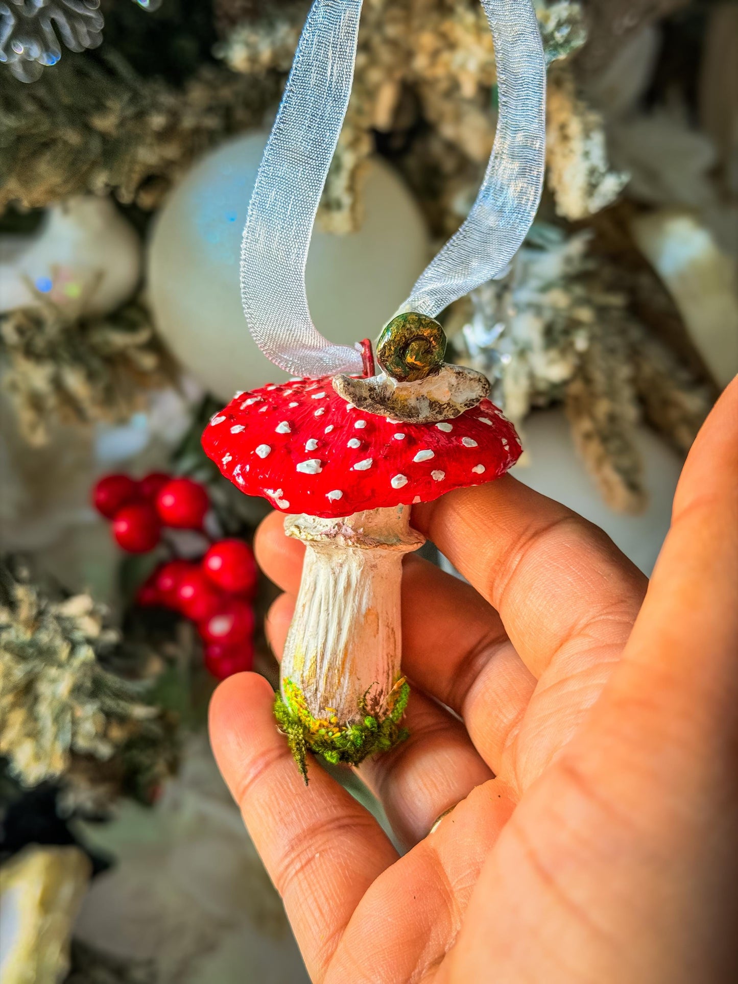 Handmade Mushroom Christmas Ornament: Red Toadstool Holiday Decoration, Woodland Fairy Tree Decor, Cottagecore Ornament with Moss mossartbyrishstudio