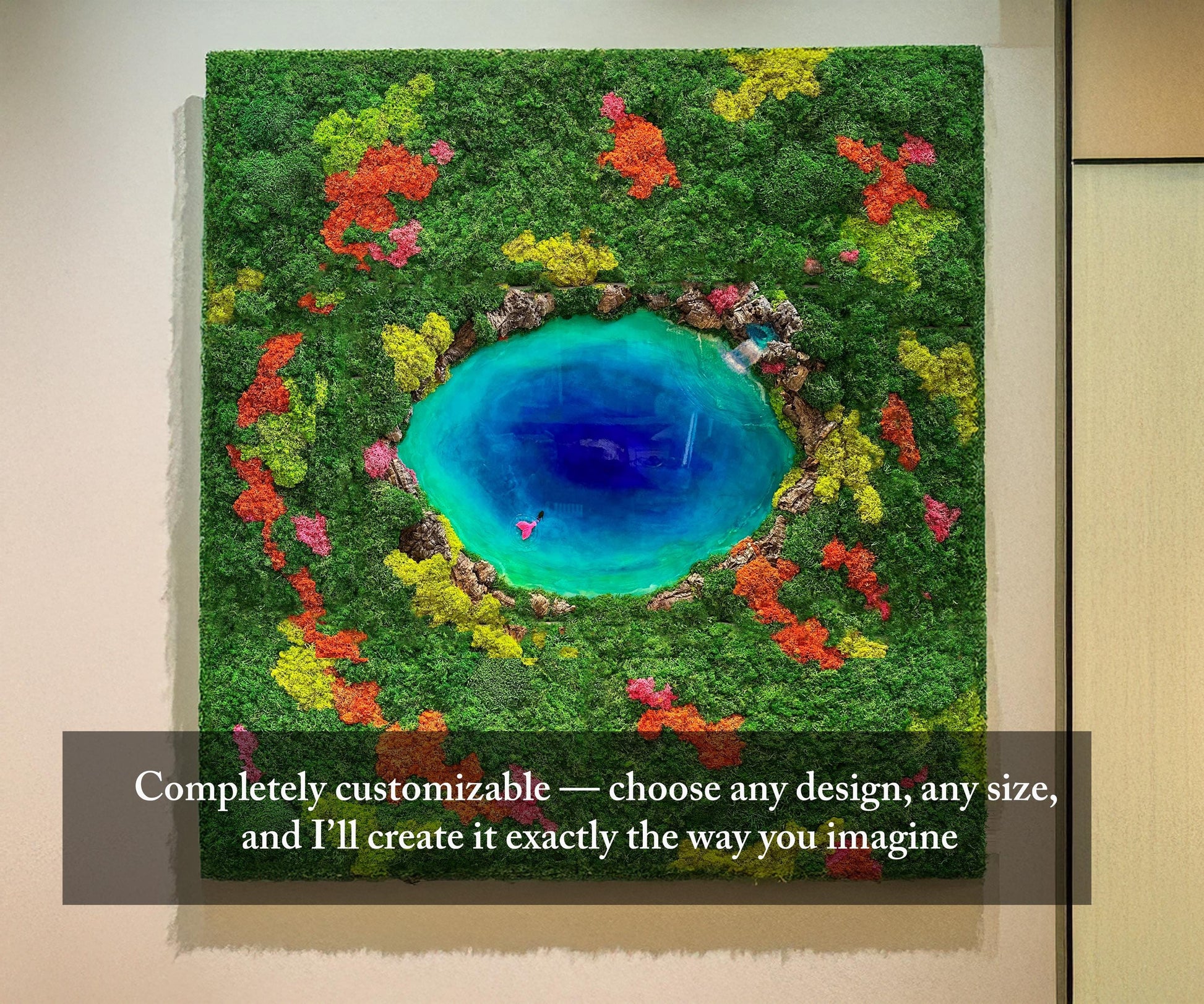 Eco-Friendly Moss & Resin Wall Art – Sustainable Blue Lagoon Landscape with Natural Bark – Handmade Nature-Inspired Decor mossartbyrishstudio