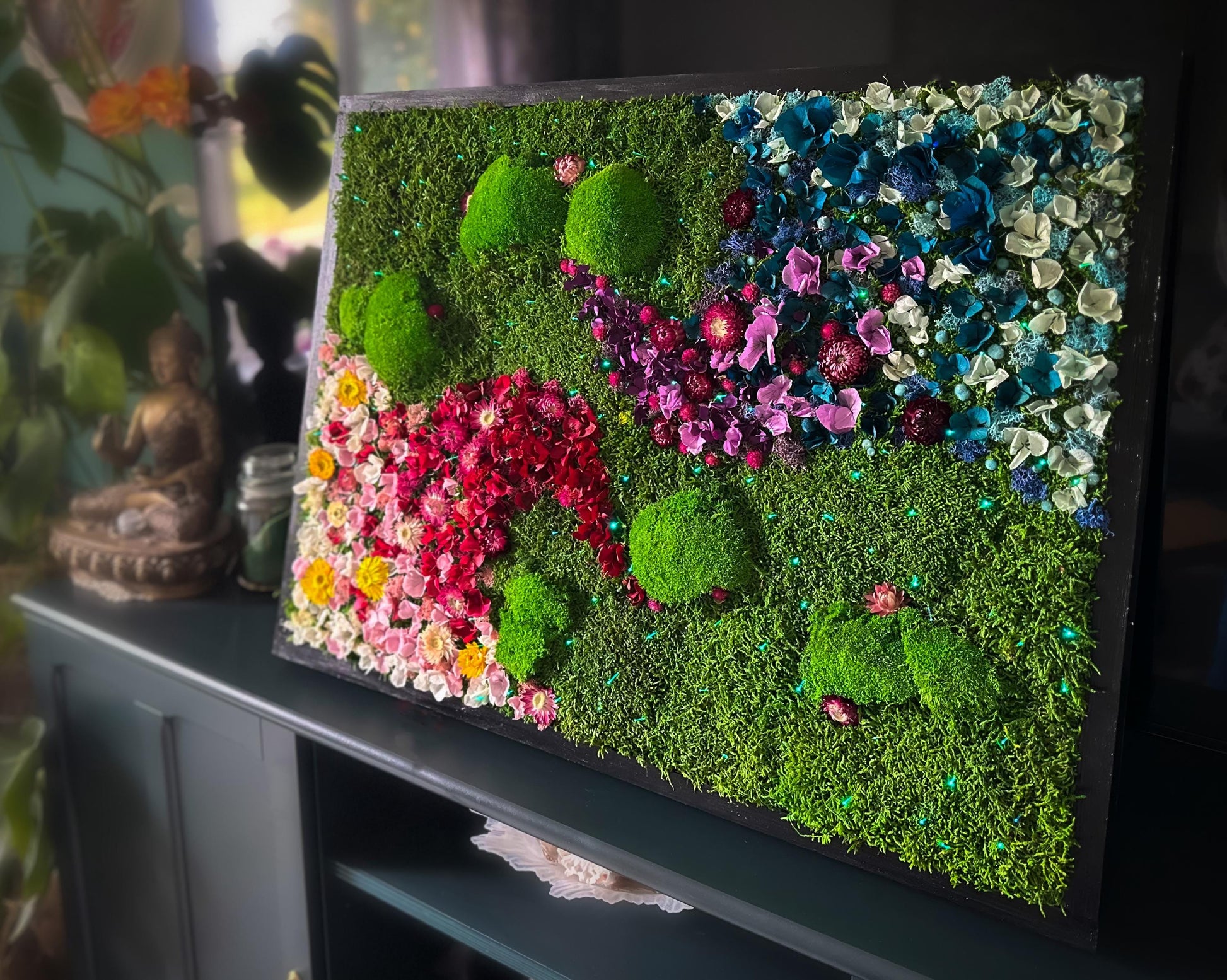 Rainbow Moss Wall Art with LED Lights, Handmade Moss Artwork, Colorful Moss Wall Garden mossartbyrishstudio