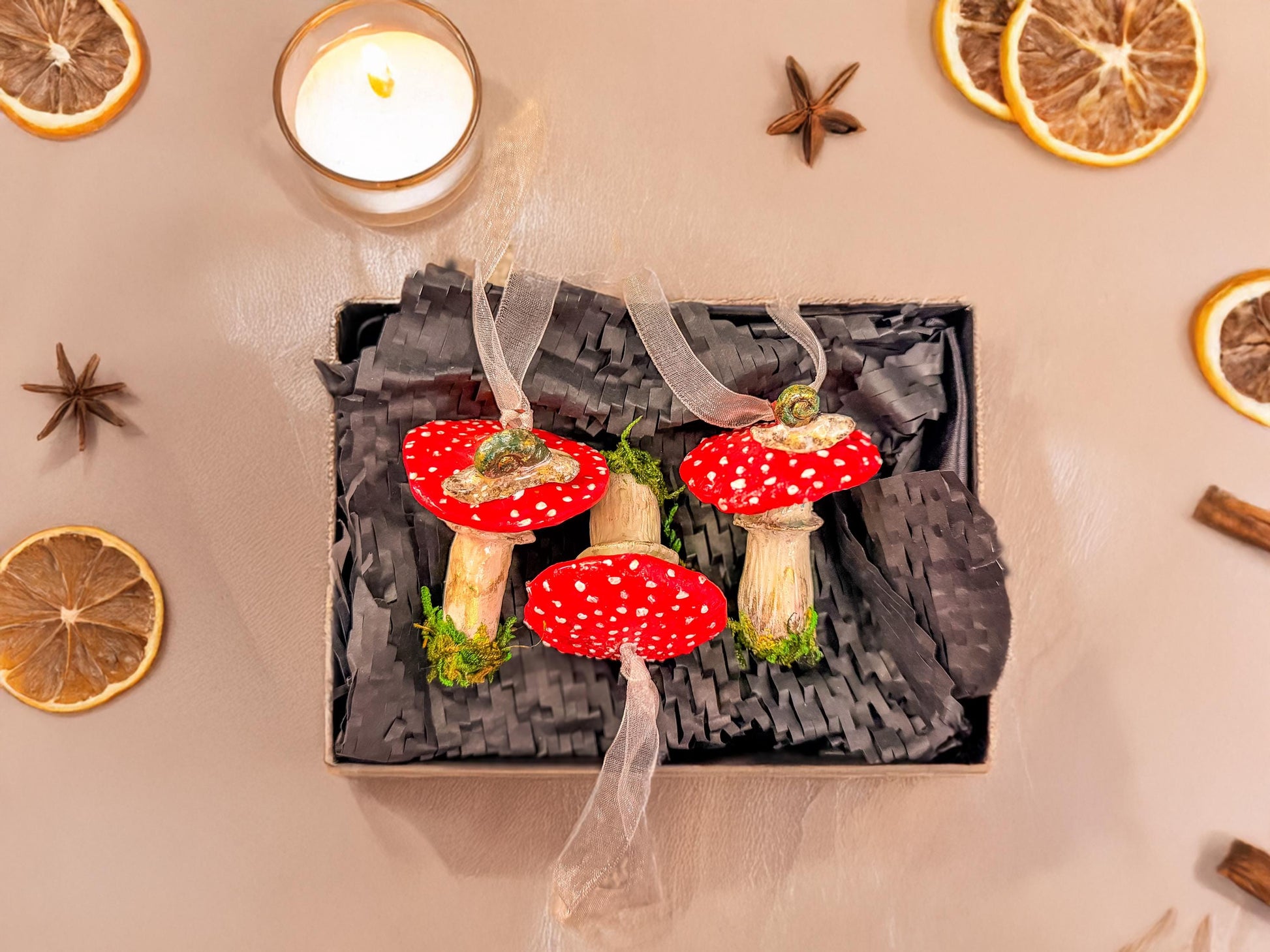 Handmade Mushroom Christmas Ornament: Red Toadstool Holiday Decoration, Woodland Fairy Tree Decor, Cottagecore Ornament with Moss mossartbyrishstudio