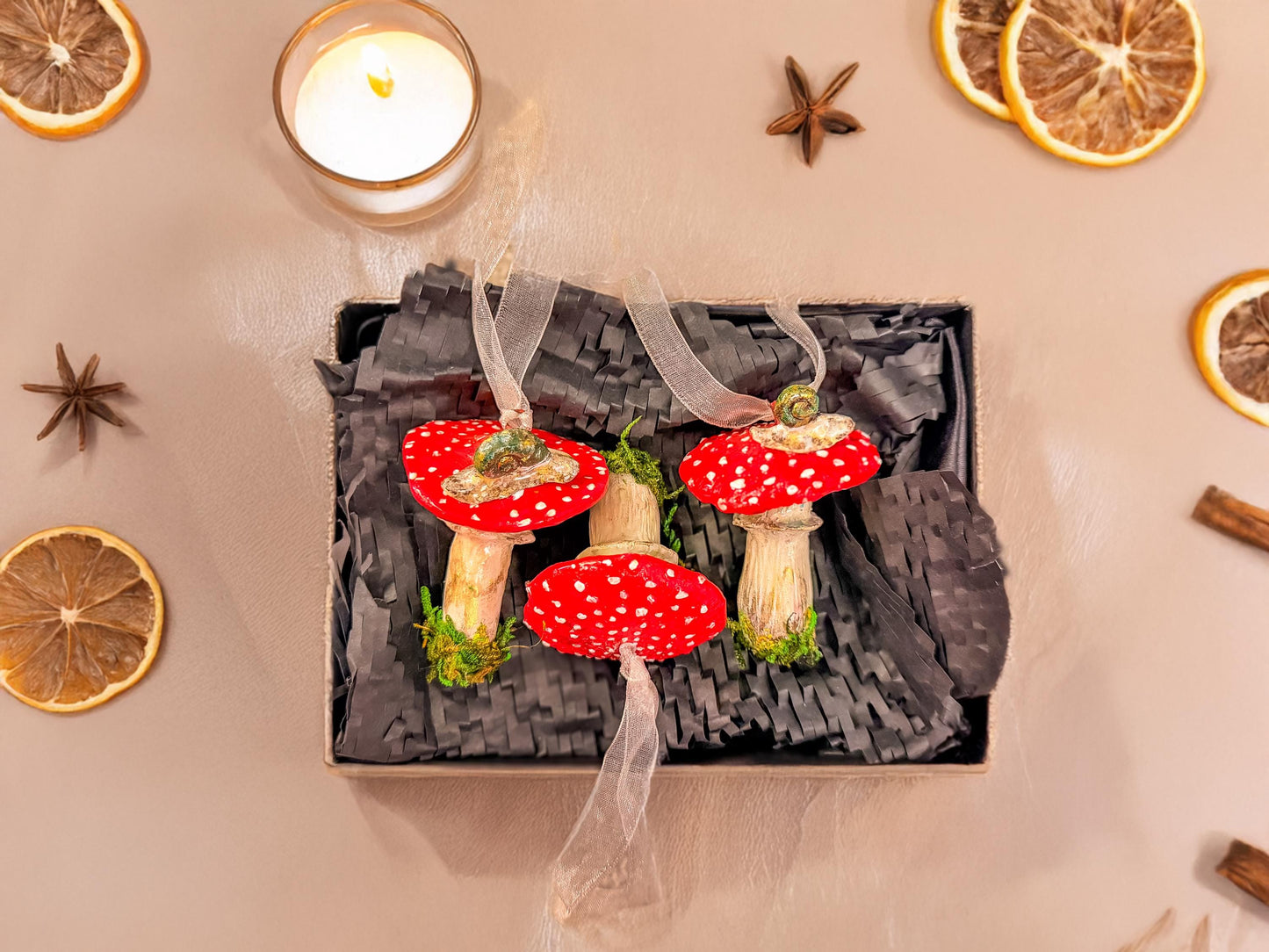 Handmade Mushroom Christmas Ornament: Red Toadstool Holiday Decoration, Woodland Fairy Tree Decor, Cottagecore Ornament with Moss mossartbyrishstudio