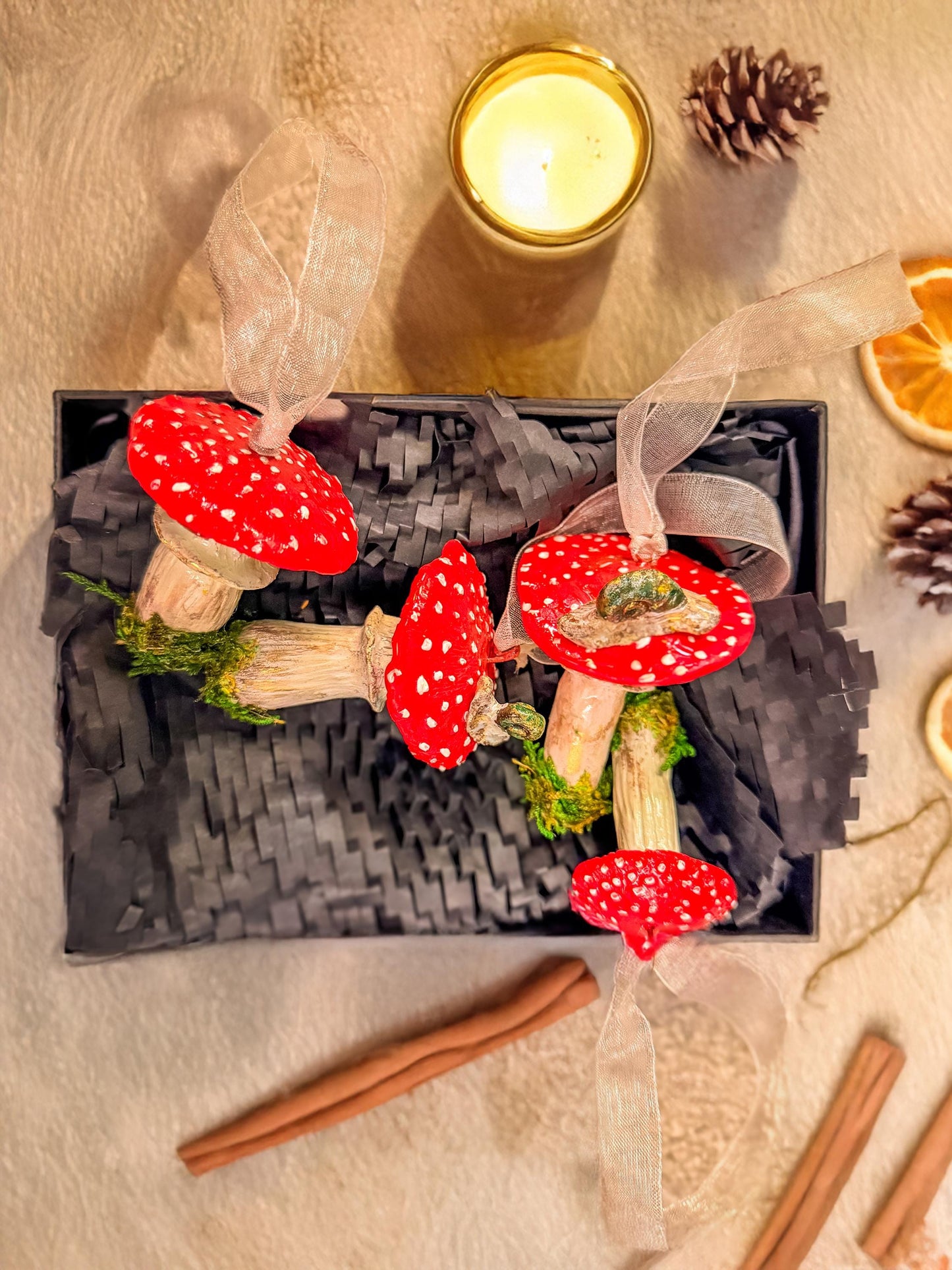 Handmade Mushroom Christmas Ornament: Red Toadstool Holiday Decoration, Woodland Fairy Tree Decor, Cottagecore Ornament with Moss mossartbyrishstudio