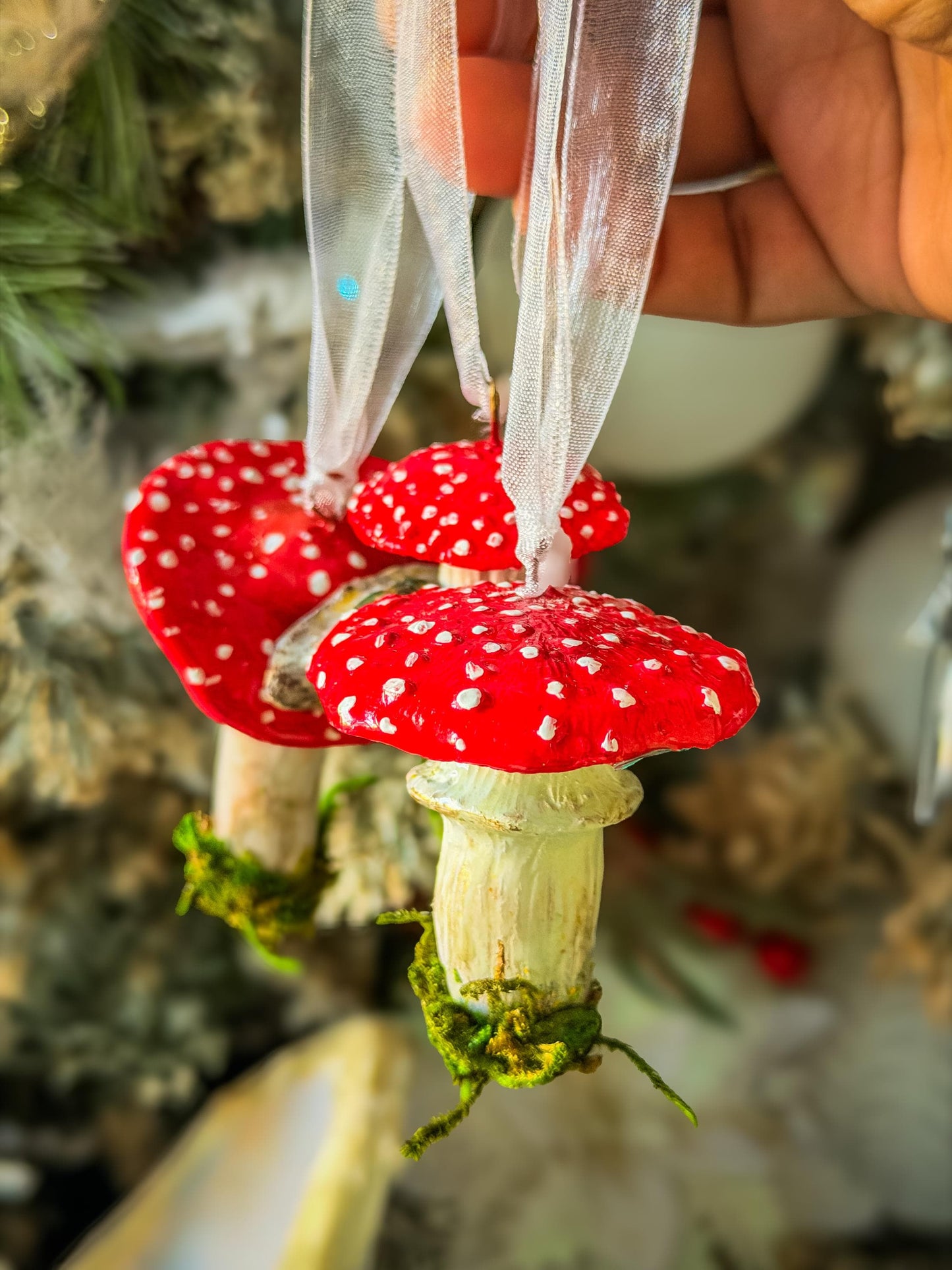 Handmade Mushroom Christmas Ornament: Red Toadstool Holiday Decoration, Woodland Fairy Tree Decor, Cottagecore Ornament with Moss mossartbyrishstudio