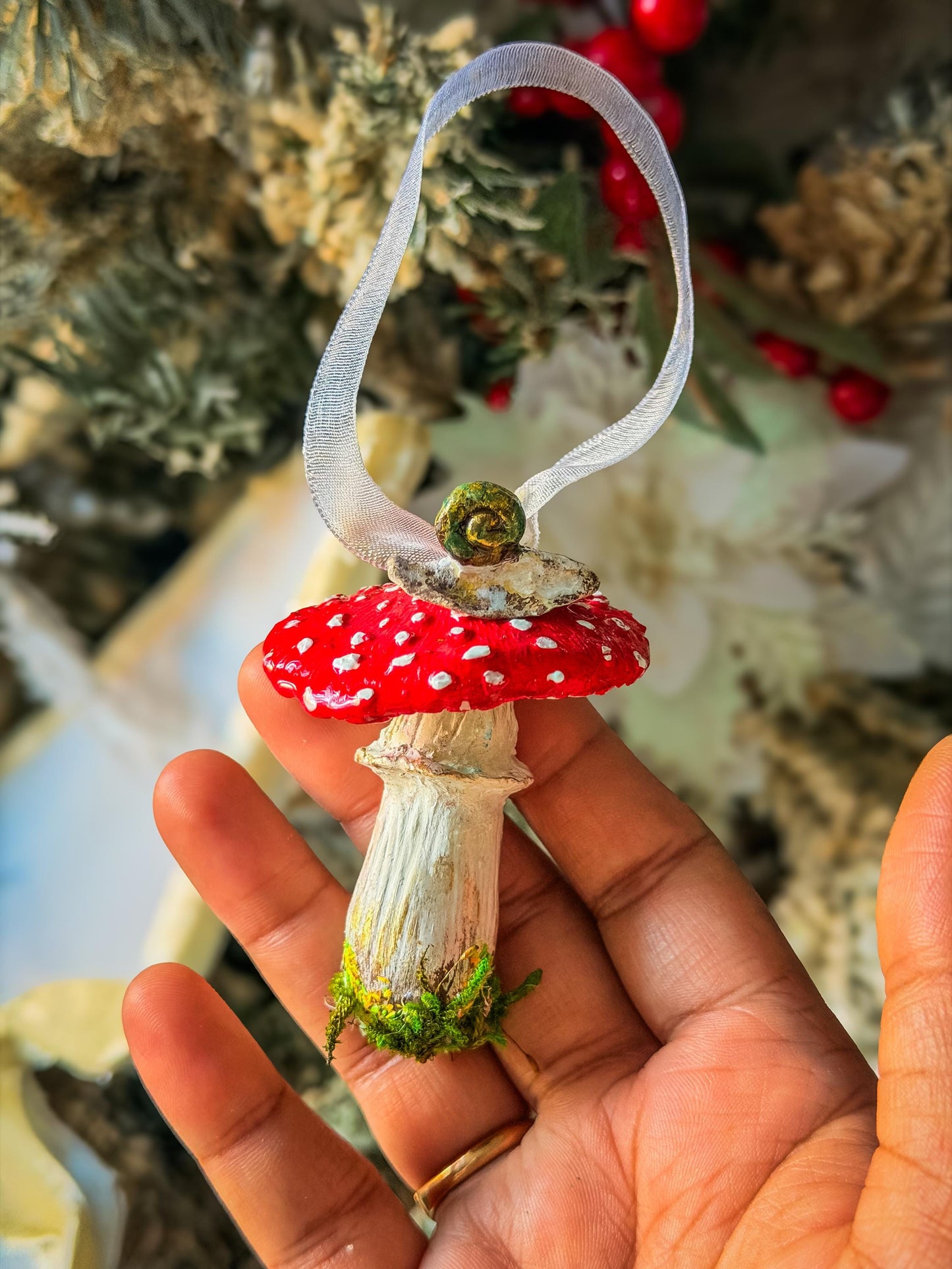 Handmade Mushroom Christmas Ornament: Red Toadstool Holiday Decoration, Woodland Fairy Tree Decor, Cottagecore Ornament with Moss mossartbyrishstudio