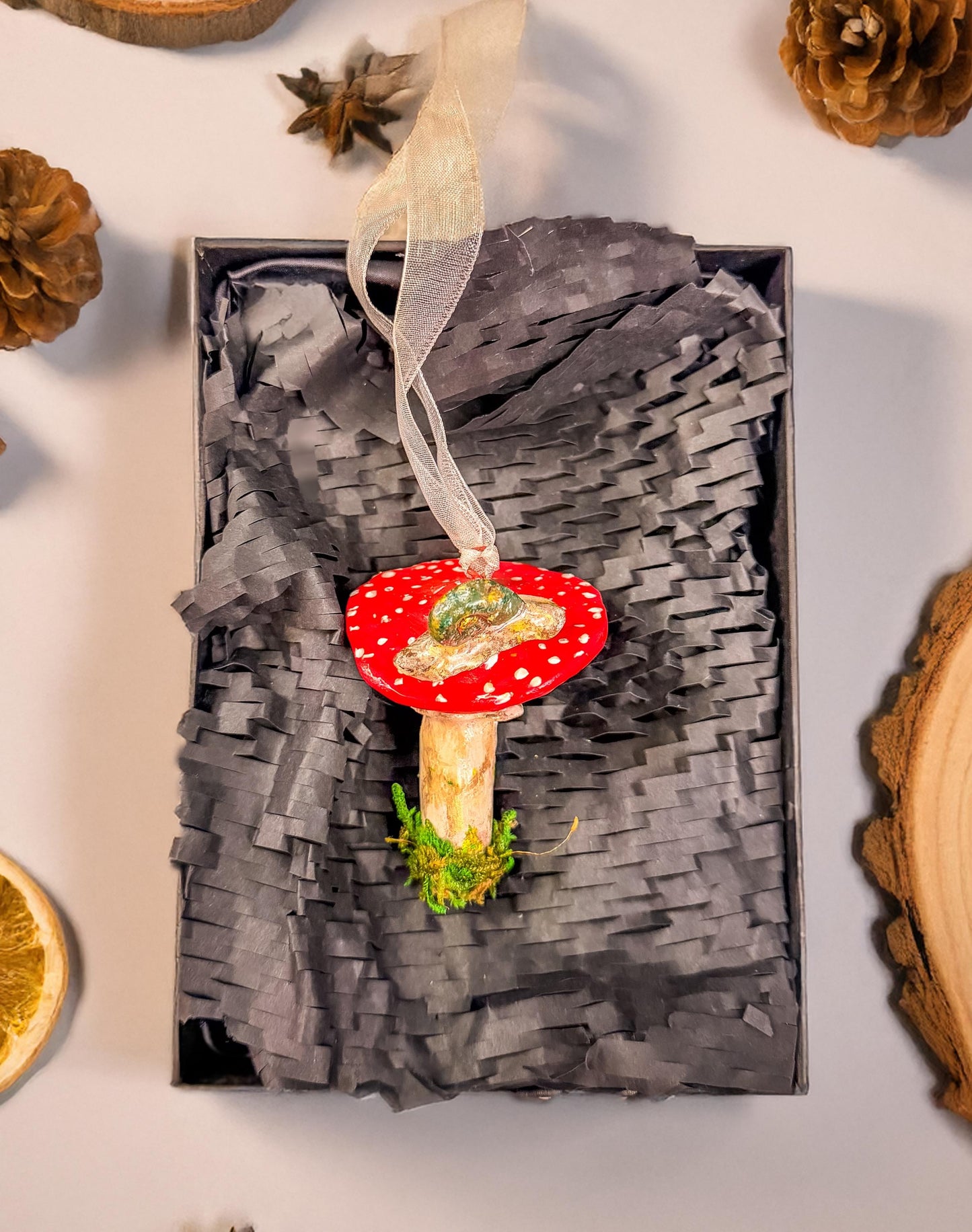 Handmade Mushroom Christmas Ornament: Red Toadstool Holiday Decoration, Woodland Fairy Tree Decor, Cottagecore Ornament with Moss mossartbyrishstudio