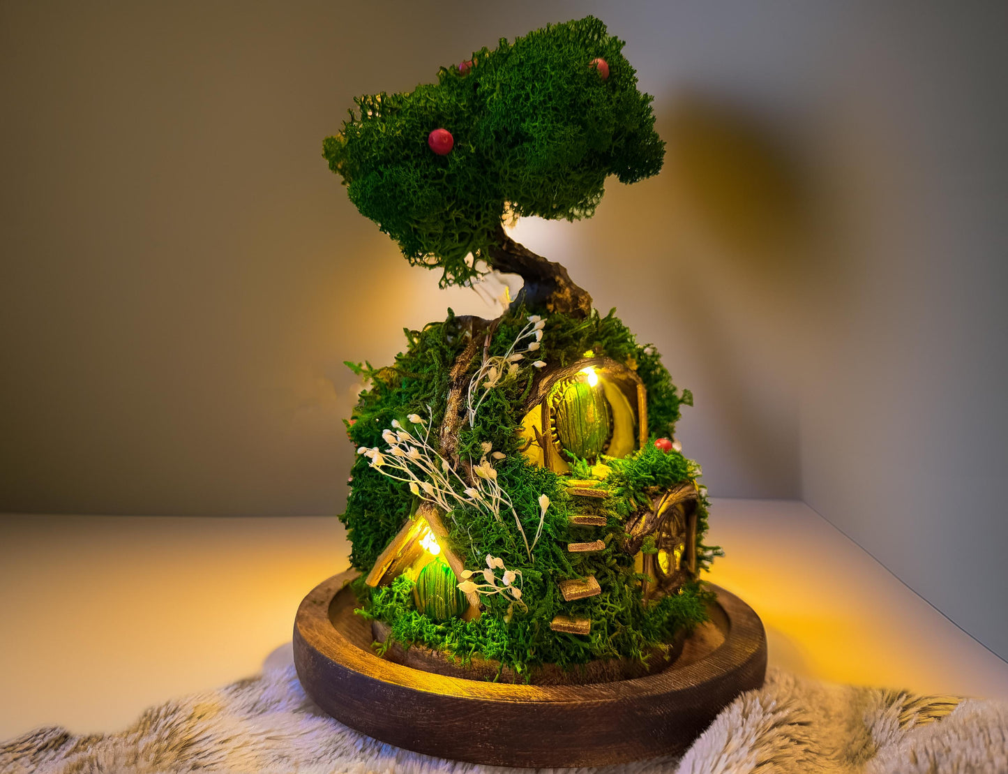 Hobbit House Terrarium in Glass Dome: Handmade Fairy House With Lights, Light Up Terrarium Kit, Cottagecore Decor, mossartbyrishstudio