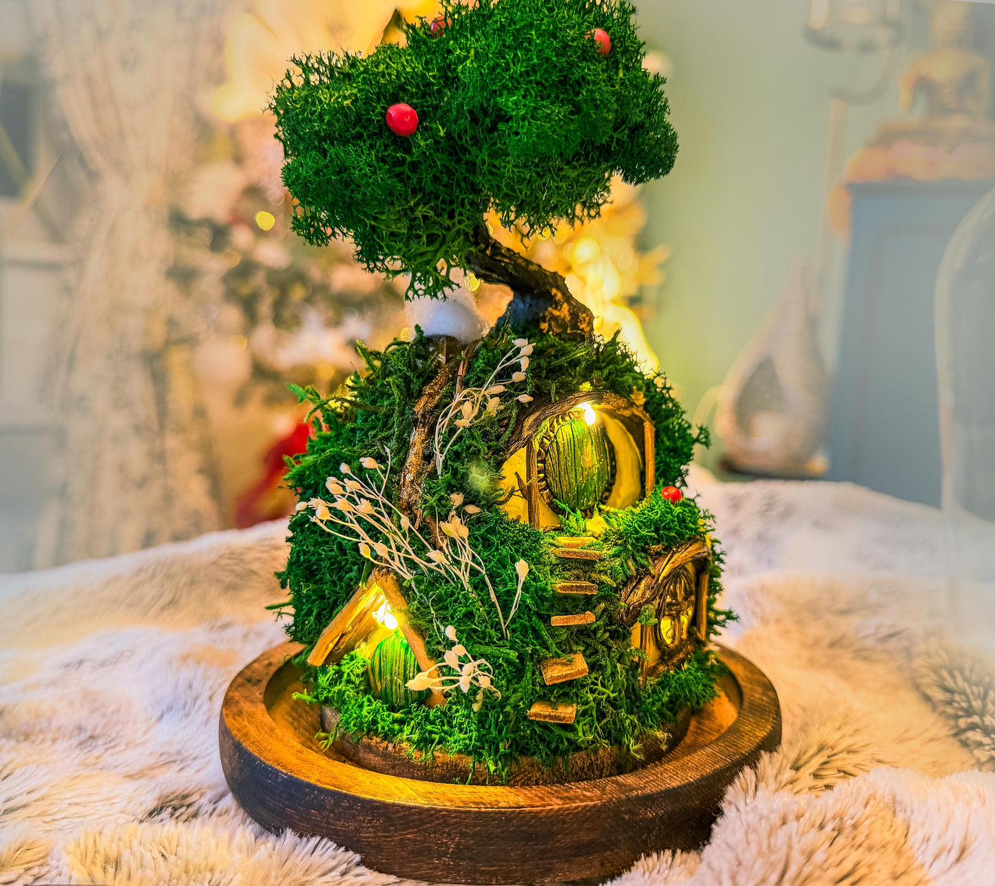 Hobbit House Terrarium in Glass Dome: Handmade Fairy House With Lights, Light Up Terrarium Kit, Cottagecore Decor, mossartbyrishstudio