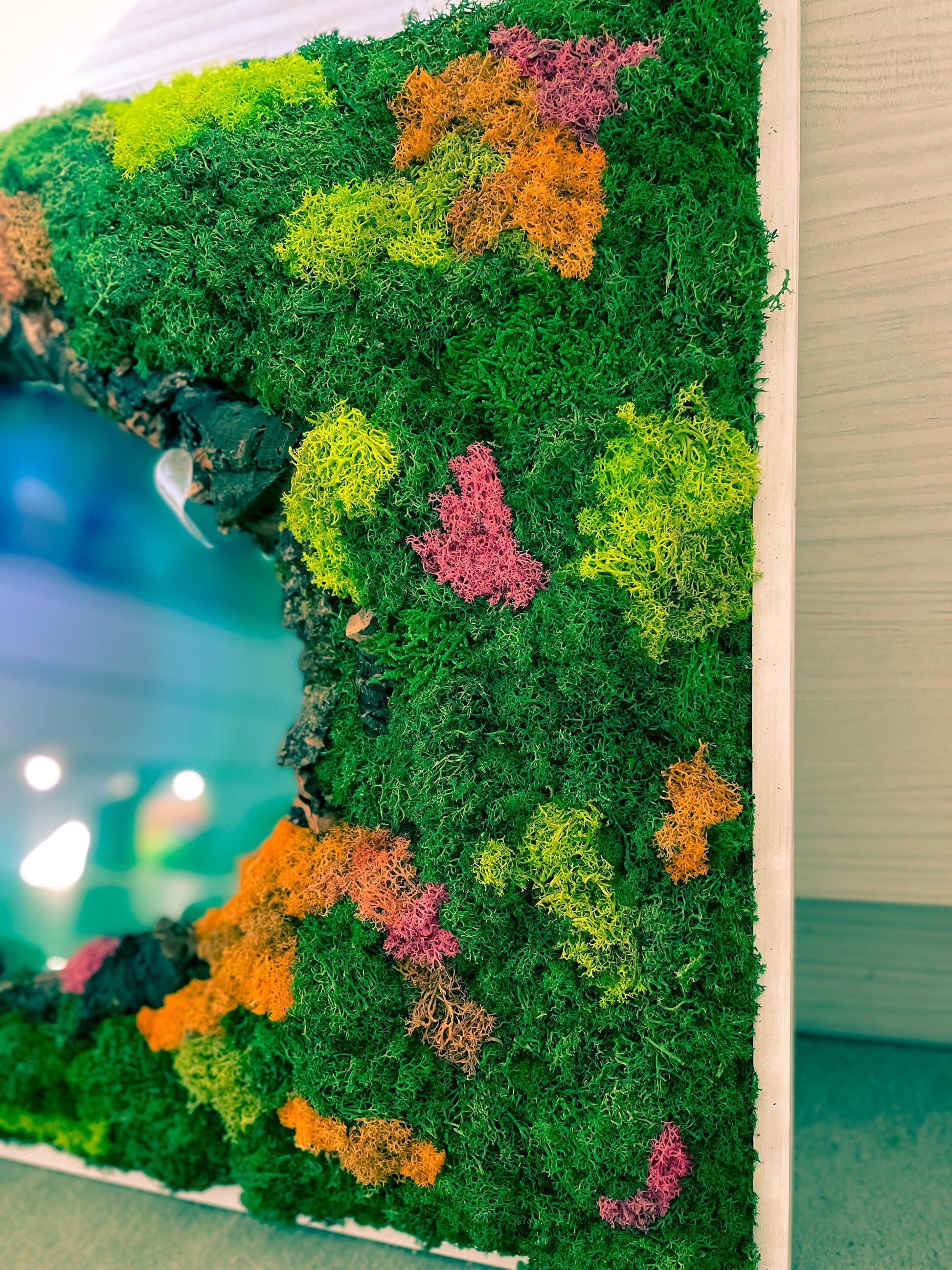 Eco-Friendly Moss & Resin Wall Art – Sustainable Blue Lagoon Landscape with Natural Bark – Handmade Nature-Inspired Decor mossartbyrishstudio