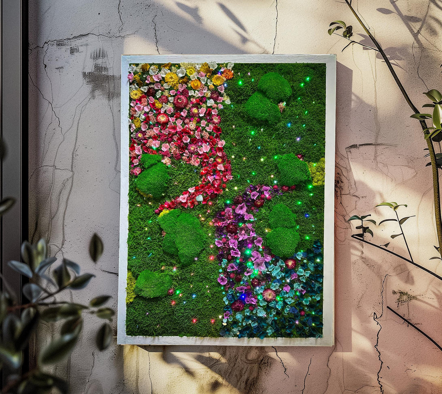 Rainbow Moss Wall Art with LED Lights, Handmade Moss Artwork, Colorful Moss Wall Garden mossartbyrishstudio