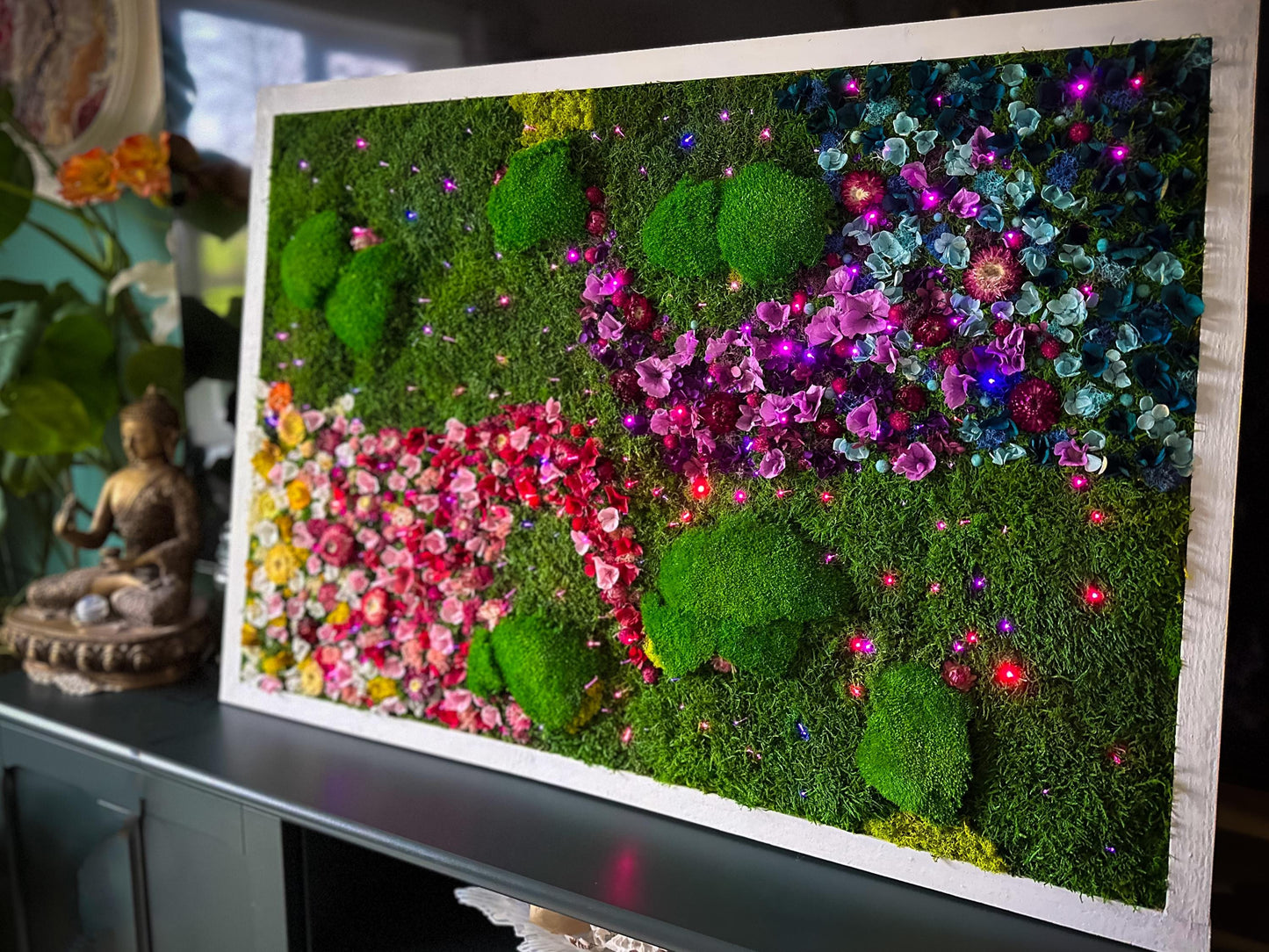 Rainbow Moss Wall Art with LED Lights, Handmade Moss Artwork, Colorful Moss Wall Garden mossartbyrishstudio