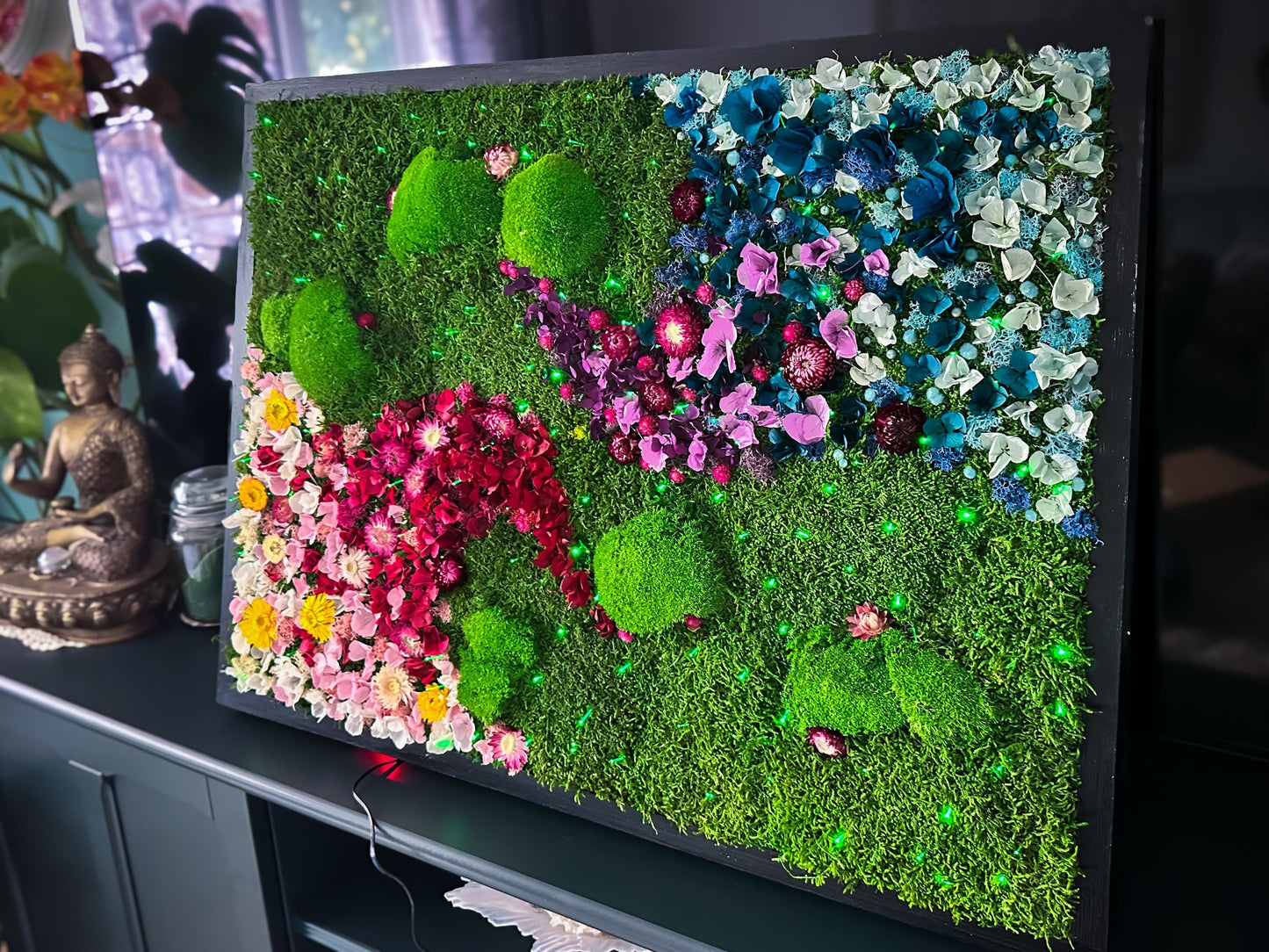 Rainbow Moss Wall Art with LED Lights, Handmade Moss Artwork, Colorful Moss Wall Garden mossartbyrishstudio