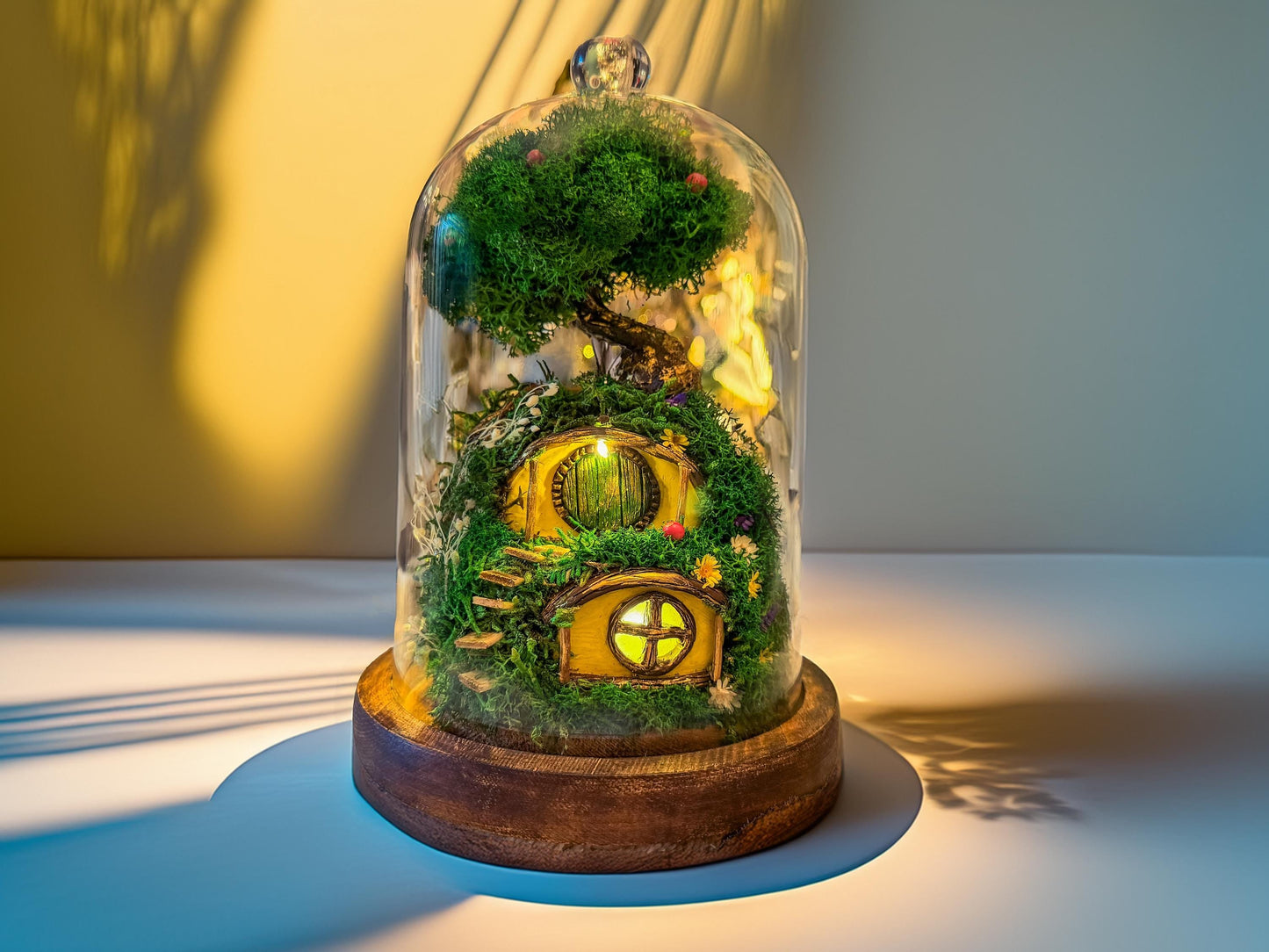 Hobbit House Terrarium in Glass Dome: Handmade Fairy House With Lights, Light Up Terrarium Kit, Cottagecore Decor, mossartbyrishstudio