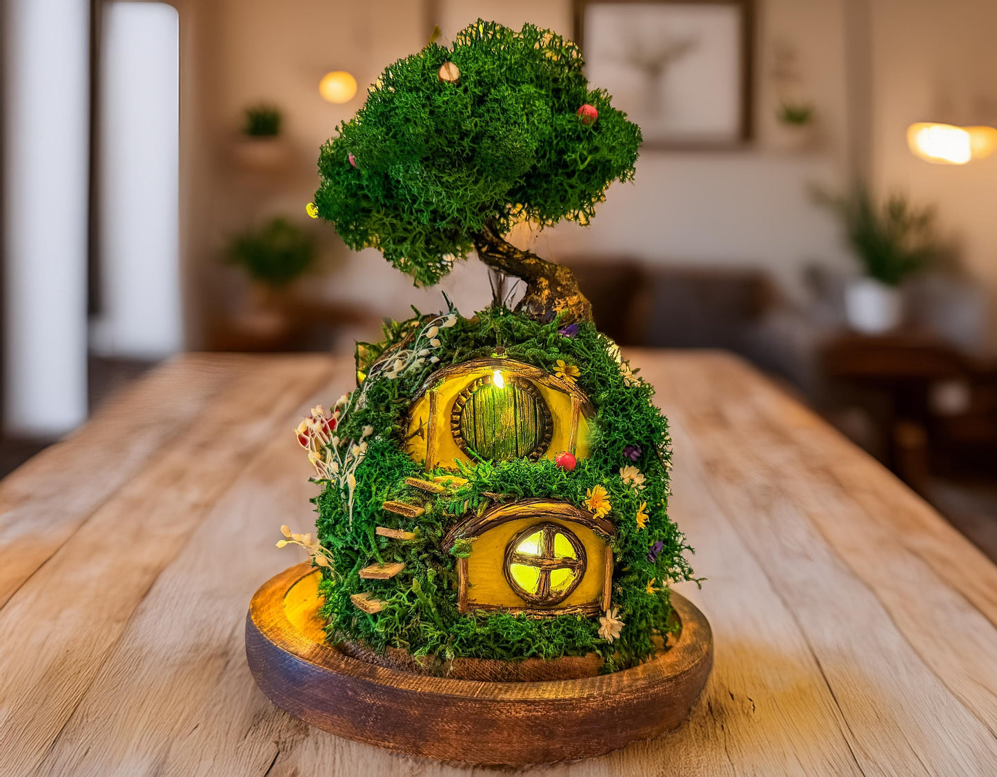 Hobbit House Terrarium in Glass Dome: Handmade Fairy House With Lights, Light Up Terrarium Kit, Cottagecore Decor, mossartbyrishstudio