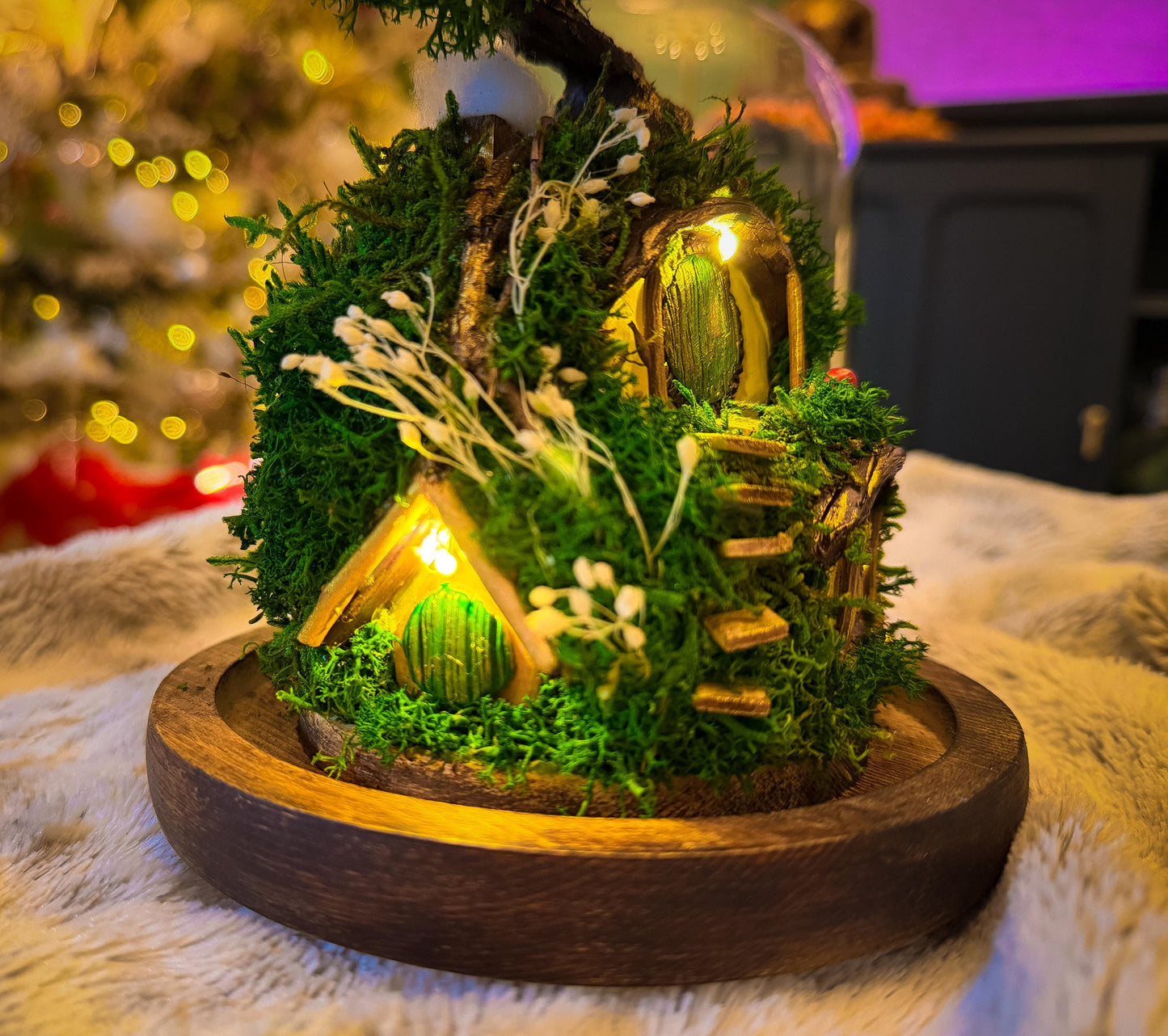 Hobbit House Terrarium in Glass Dome: Handmade Fairy House With Lights, Light Up Terrarium Kit, Cottagecore Decor, mossartbyrishstudio