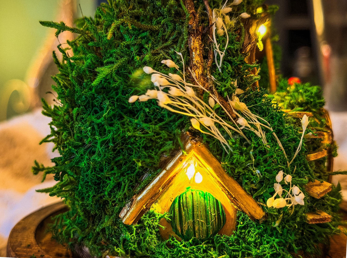 Hobbit House Terrarium in Glass Dome: Handmade Fairy House With Lights, Light Up Terrarium Kit, Cottagecore Decor, mossartbyrishstudio