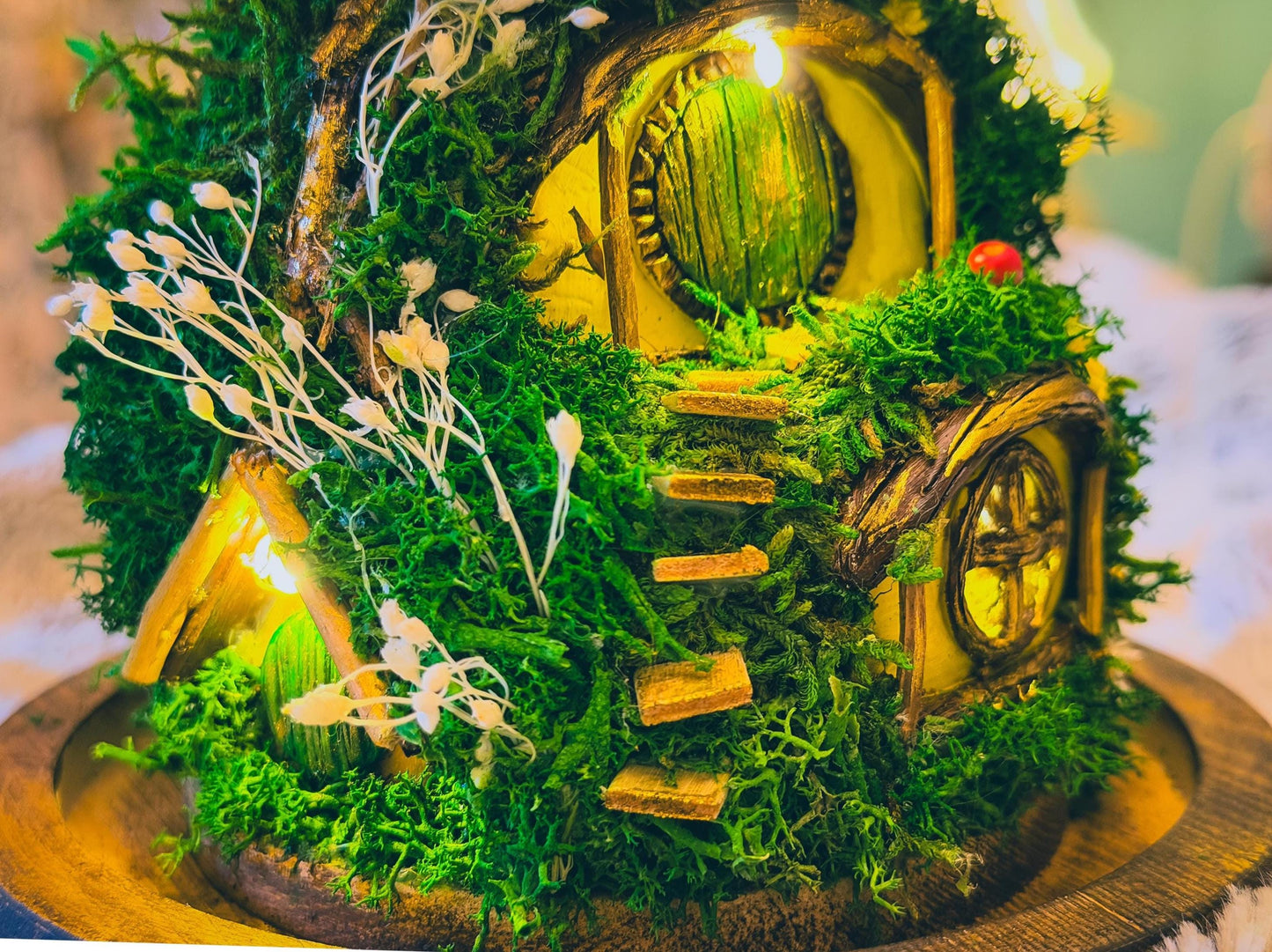 Hobbit House Terrarium in Glass Dome: Handmade Fairy House With Lights, Light Up Terrarium Kit, Cottagecore Decor, mossartbyrishstudio